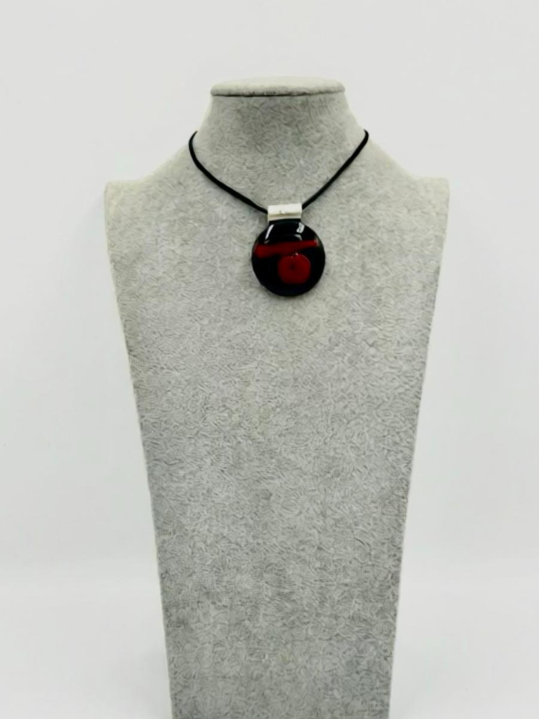Black Fused Glass Disc Pendant with Red details-2”