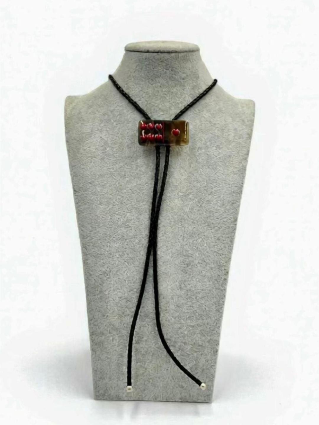 Petrified Wood Brown Fused Glass Domino Bolo Tie with Red Details - 2” x 1”