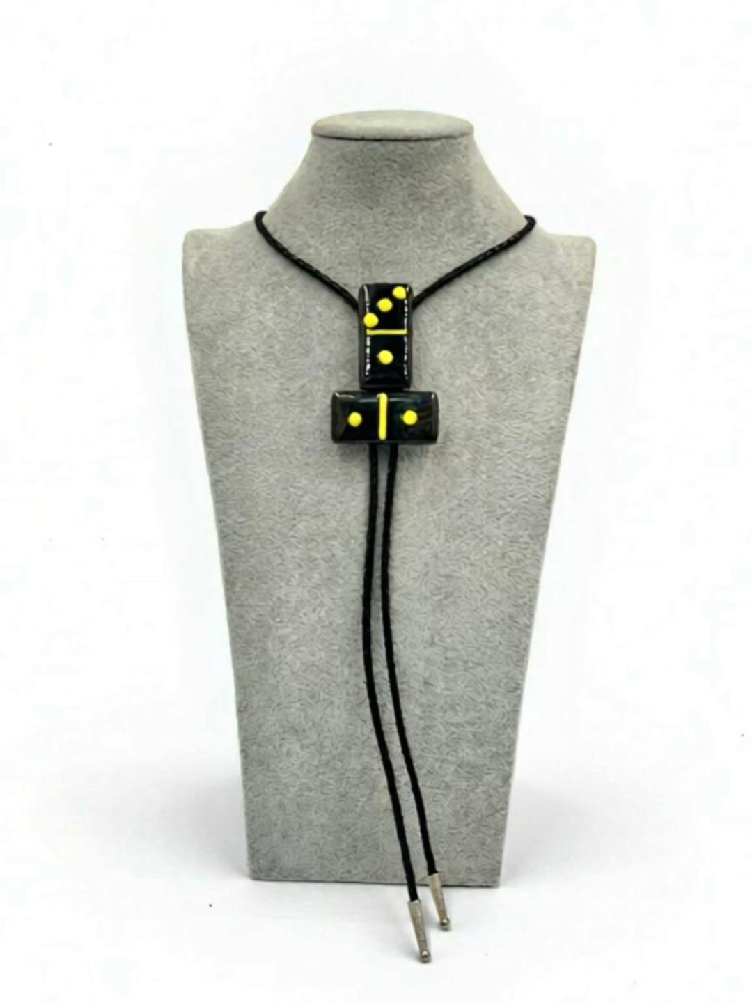 Petrified Wood Brown Fused Glass Domino Bolo Tie with Yellow Details - 2 Dominos