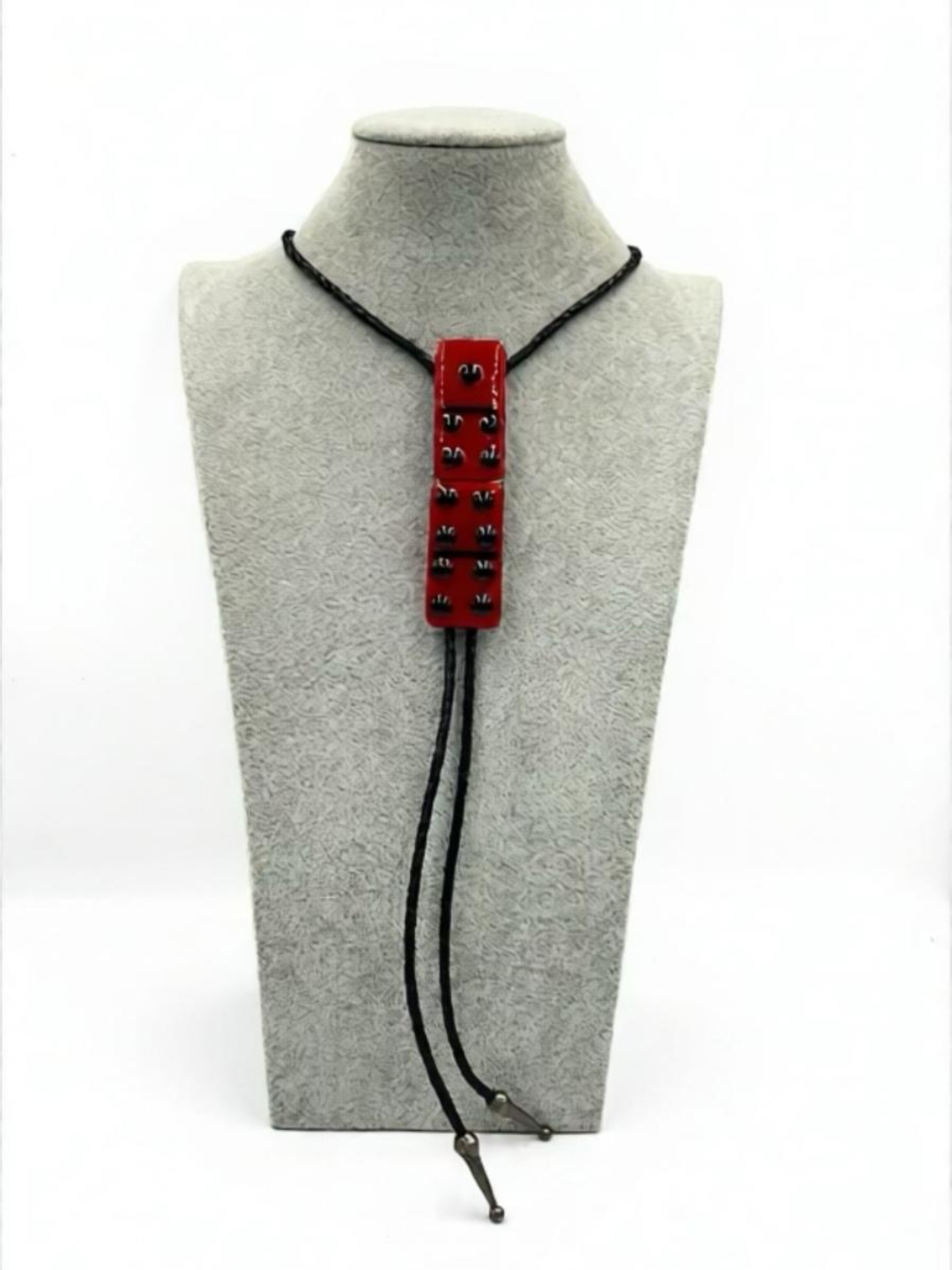 Red Fused Glass Domino Bolo Tie with Black Details - 2 Piece Design
