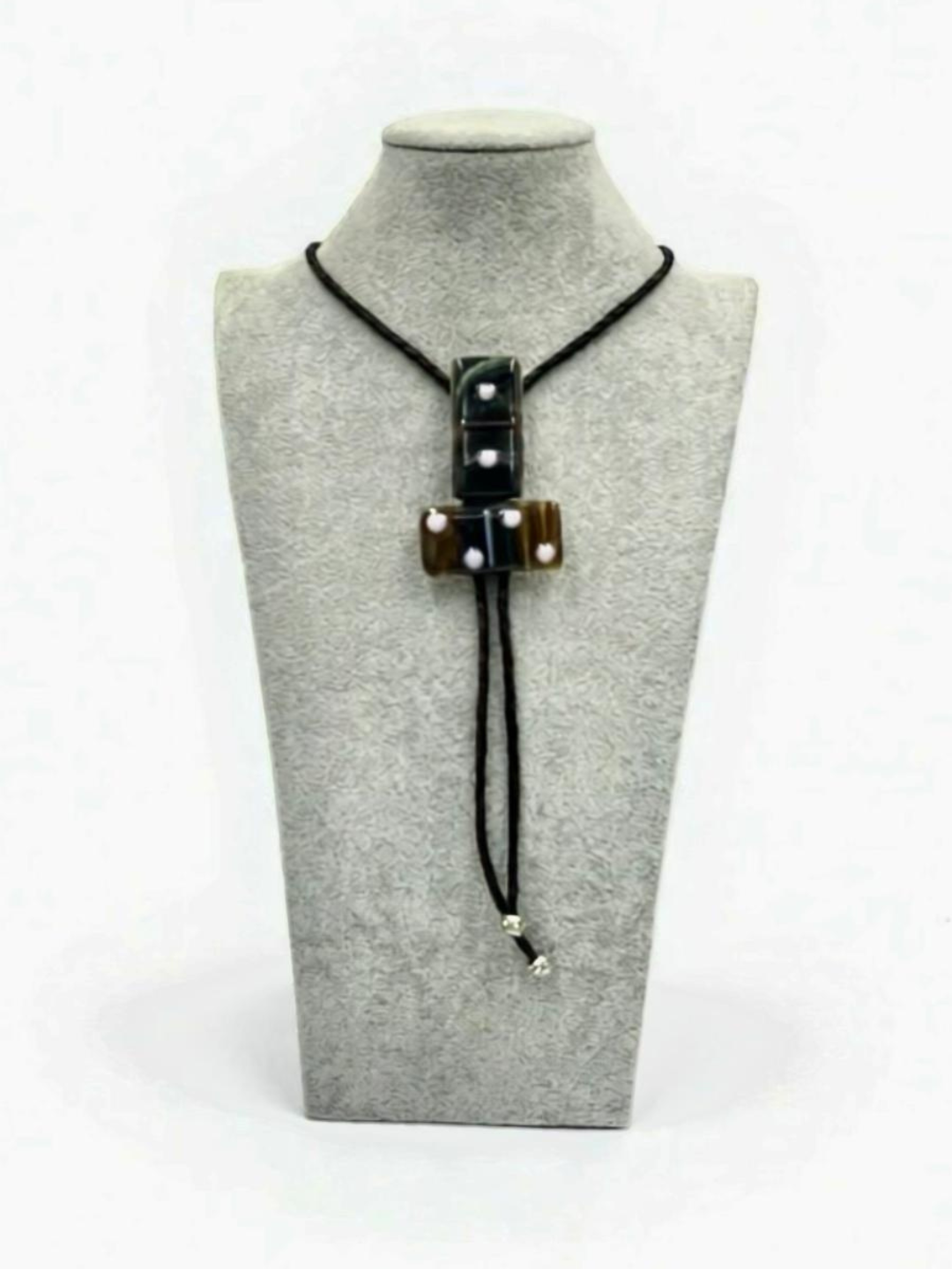 Petrified Wood Brown Fused Glass Domino Bolo Tie with Petal Pink Details - 2 Piece Design