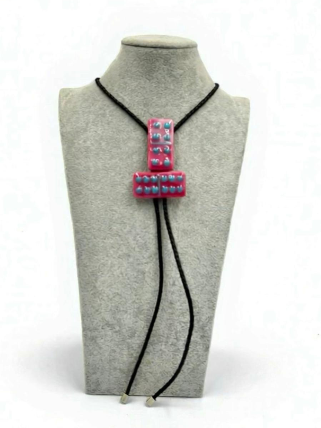 Pink/White Mix Fused Glass Domino Bolo Tie with Powder Blue Details - 2 Piece Design