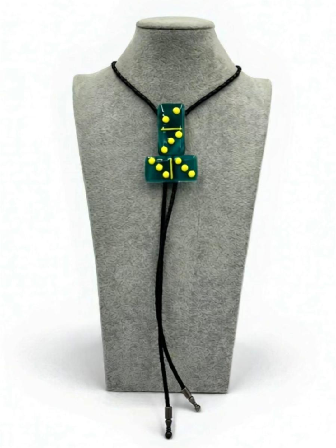 Peacock Blue/White Fused Glass Domino Bolo Tie with Yellow Details - T-Shape