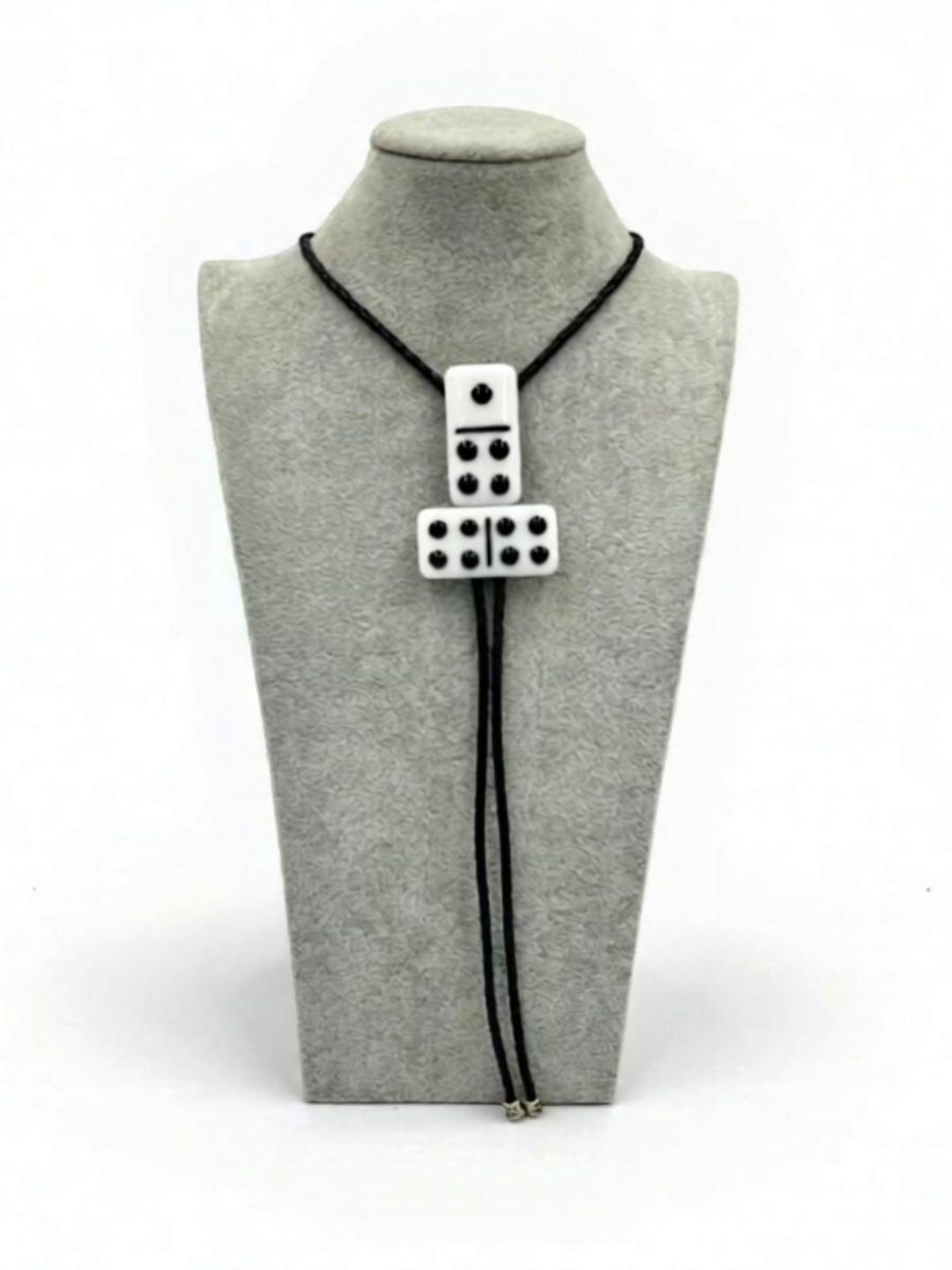 White Fused Glass Domino Bolo Tie with Black Details - T-Inverted Shape