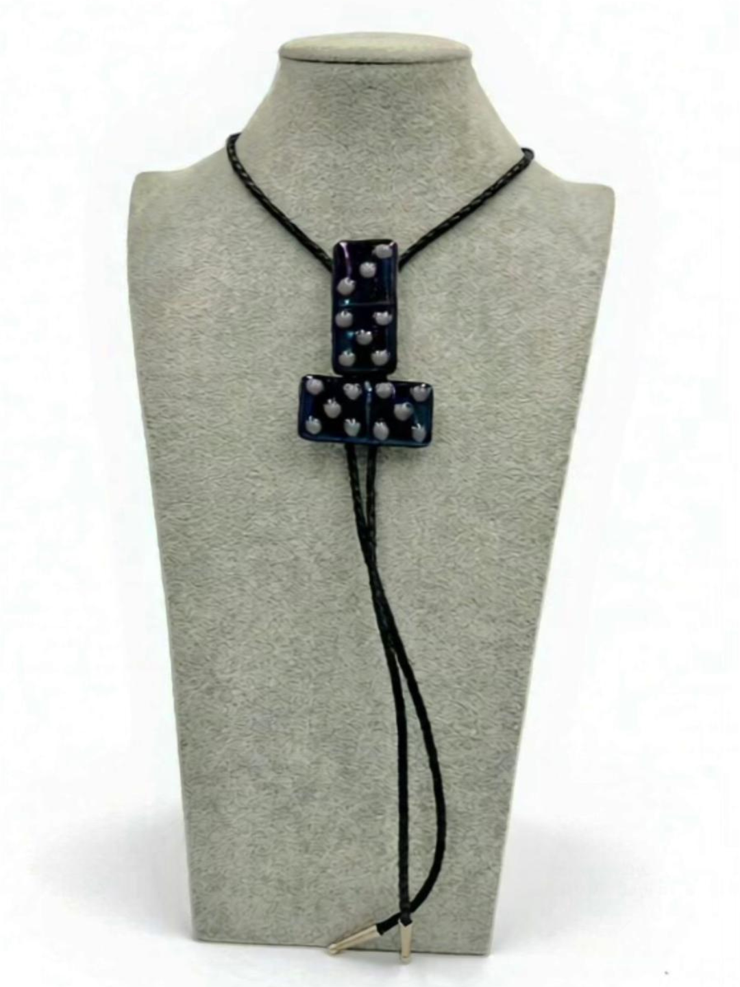 Black Iridescent Fused Glass Domino Bolo Tie with Dusty Lilac Details - 2 Piece Design