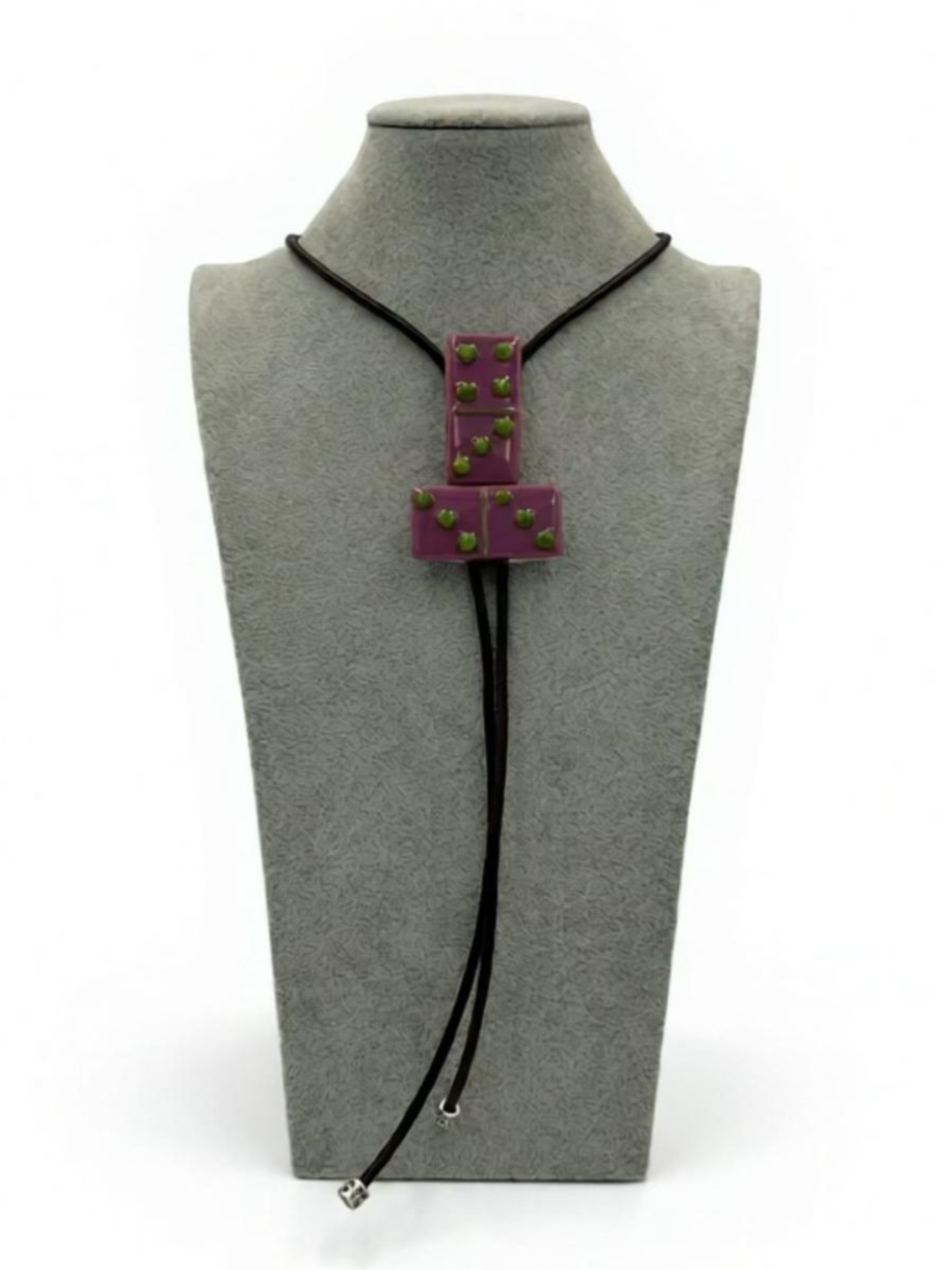 Pink Fused Glass Domino Bolo Tie with Green Details - 2 Piece Design