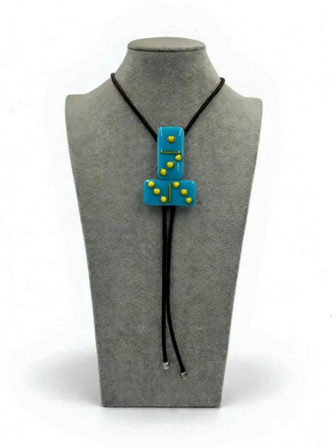 Cyan Blue Fused Glass Domino Bolo Tie with Yellow Details - T-Inverted Shape