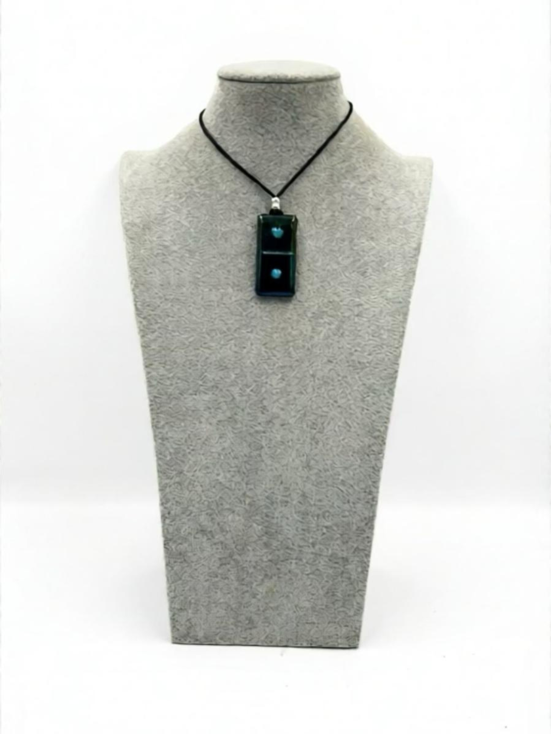 Black Iridescent Fused Glass Domino Pendant with Turquoise Details - 2” x 1”