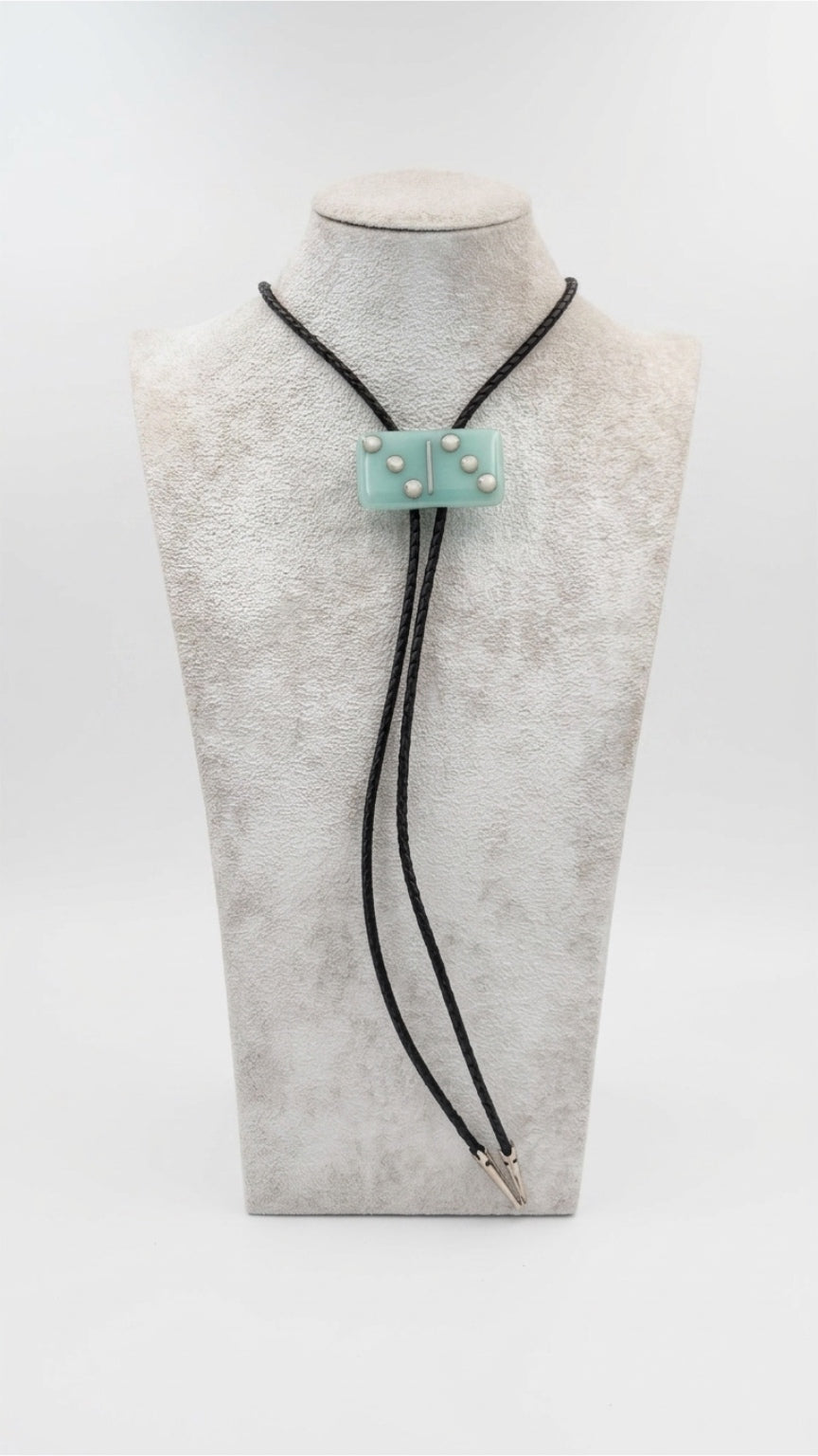 Aqua Blue Fused Glass Domino Bolo Tie with French Vanilla Details