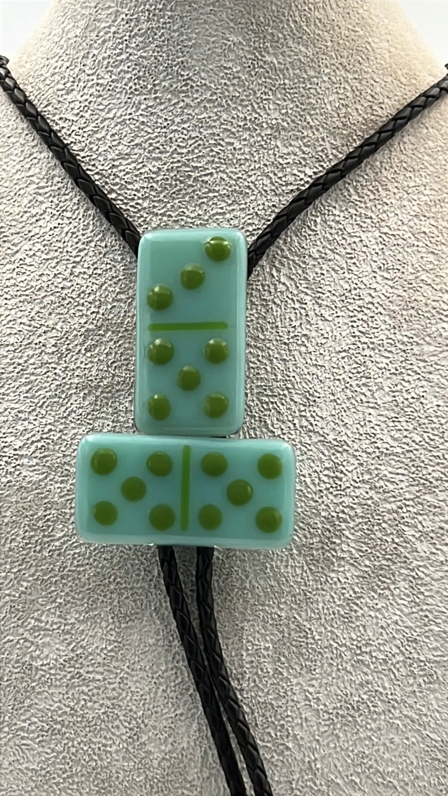 Aqua Blue Fused Glass Domino Bolo Tie with Olive Green Details - 2 Piece