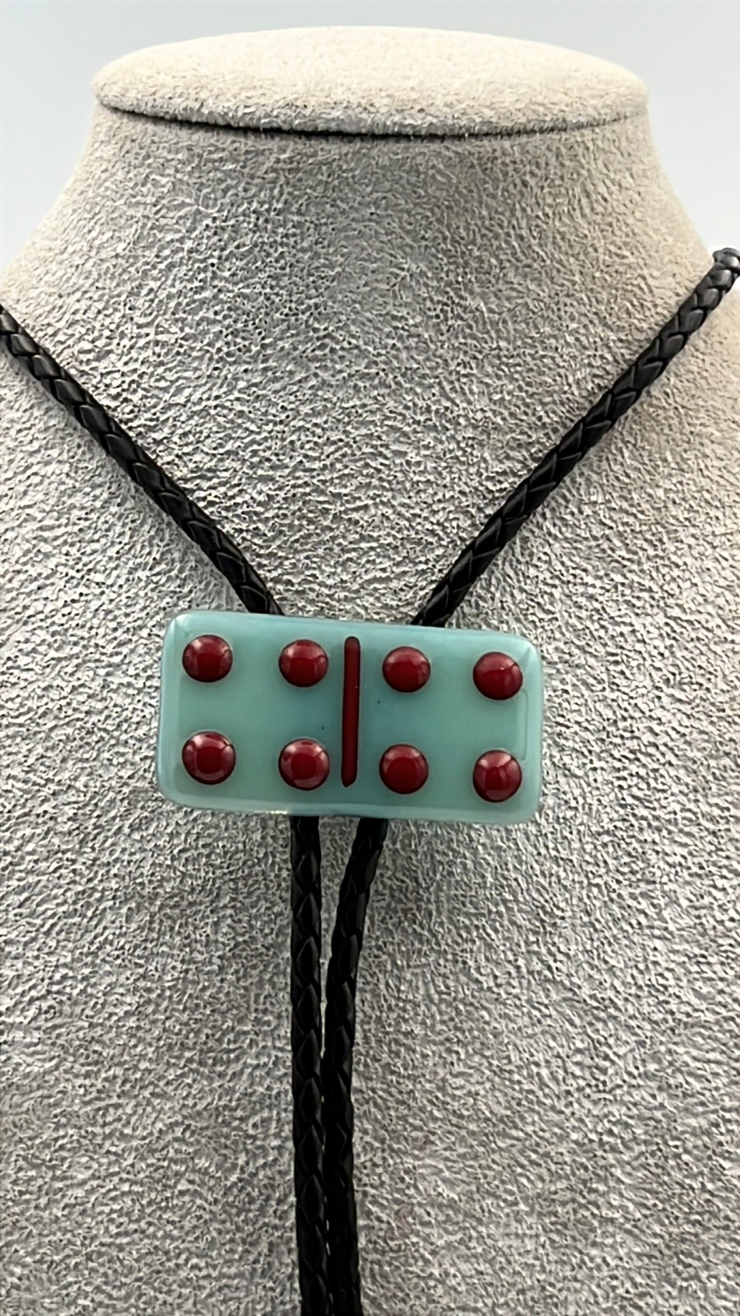 Aqua Blue Fused Glass Domino Bolo Tie with Red Details