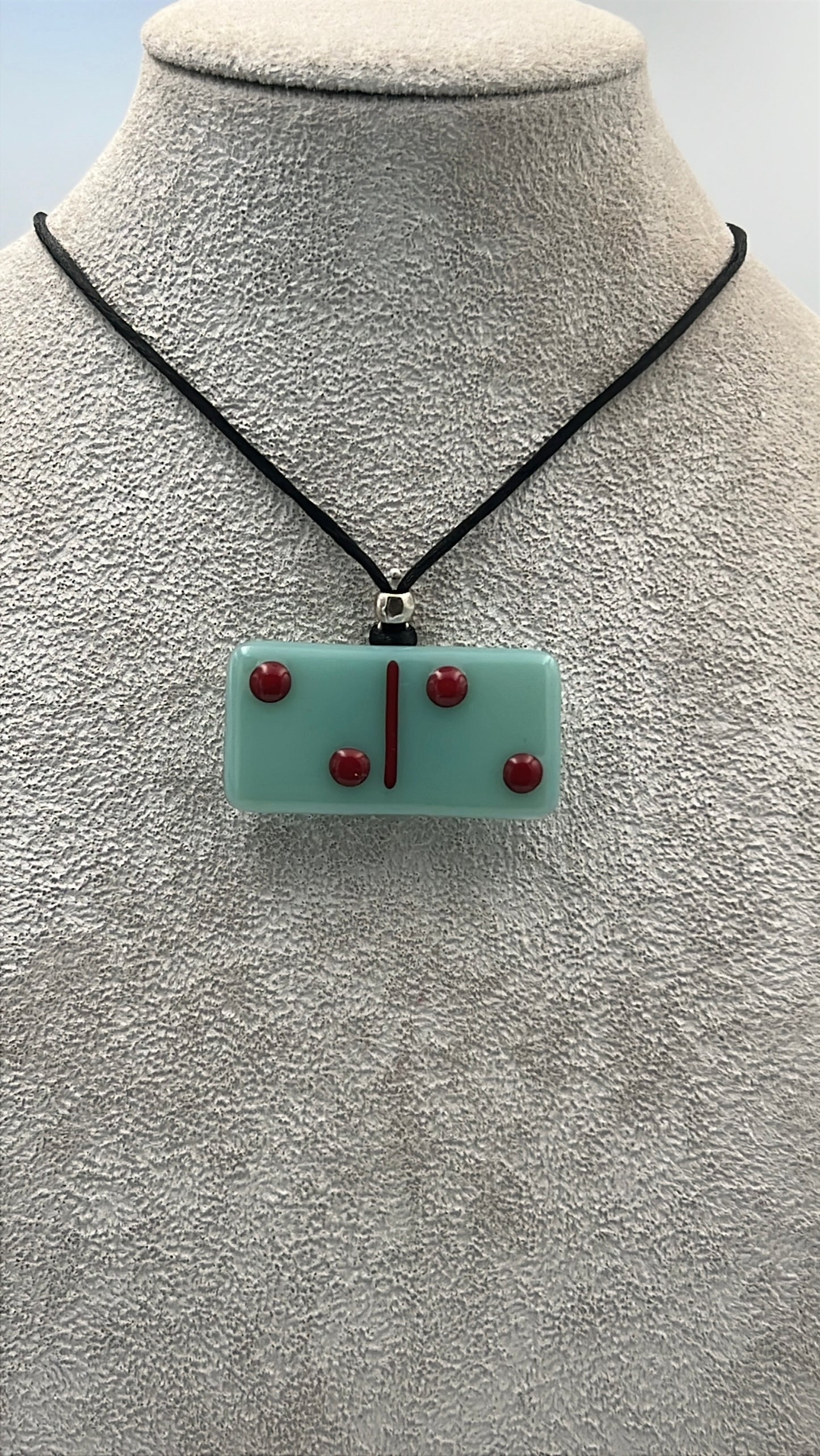 Aqua Blue Fused Glass Domino Pendant with Red Details