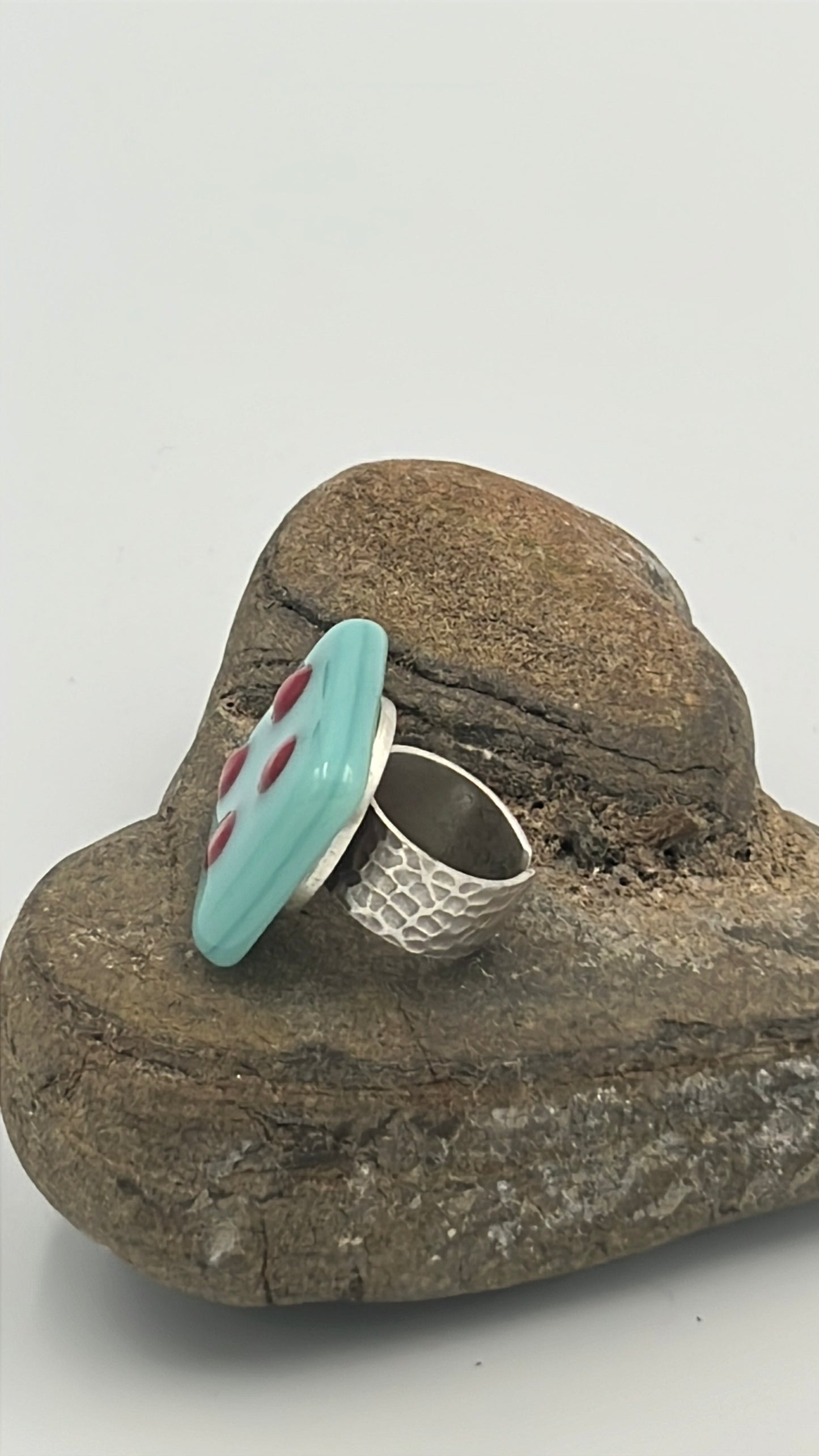 Aqua Fused Glass Adjustable Number Ring with Red Details