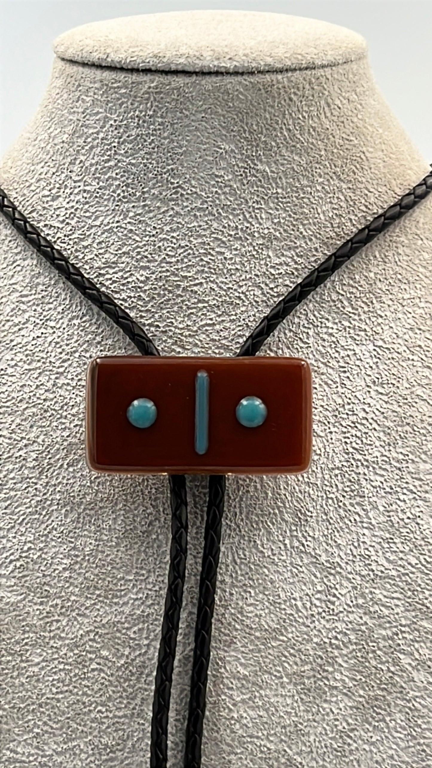 Burnt Orange Fused Glass Domino Bolo Tie with Aqua Details
