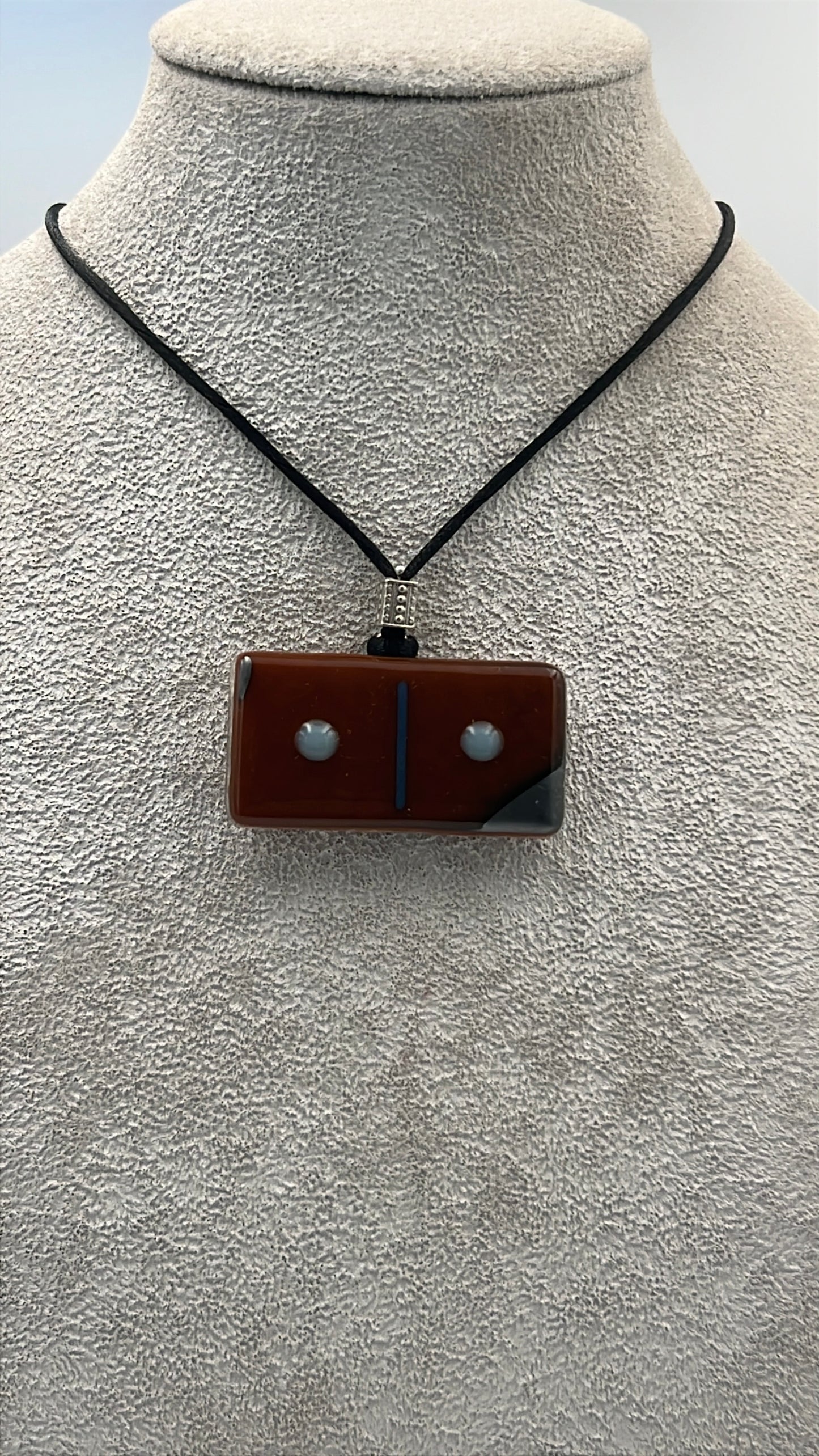 Burnt Orange Fused Glass Domino Pendant with Powder Blue Details