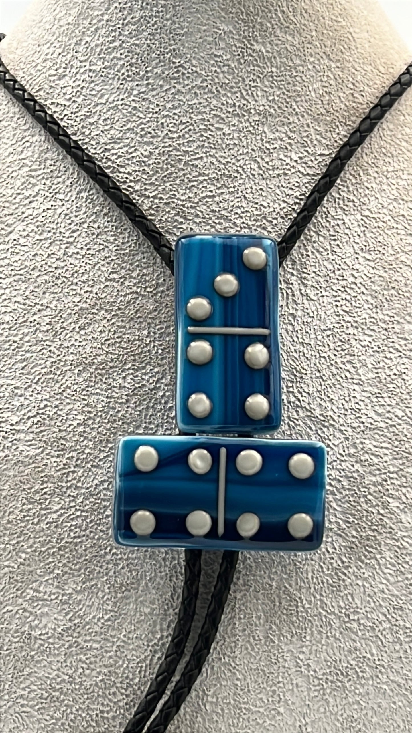 Copper Blue/White Mix Fused Glass Domino Bolo Tie with French Vanilla Details - 2 Piece