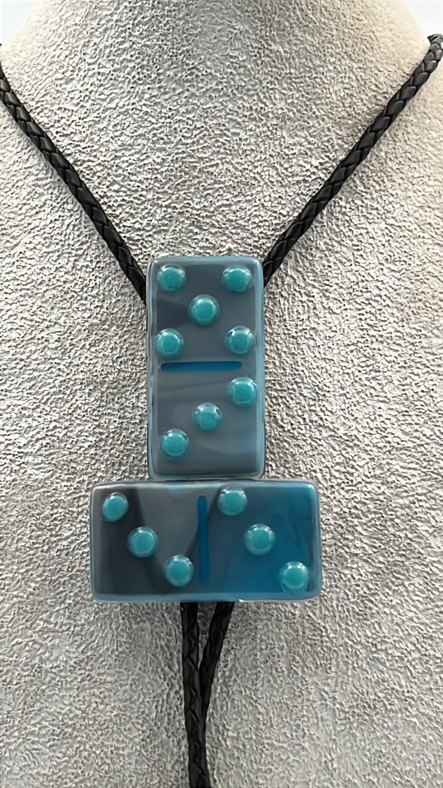Cyan Black/White Mix Fused Glass Domino Bolo Tie with Turquoise Details - 2 Piece