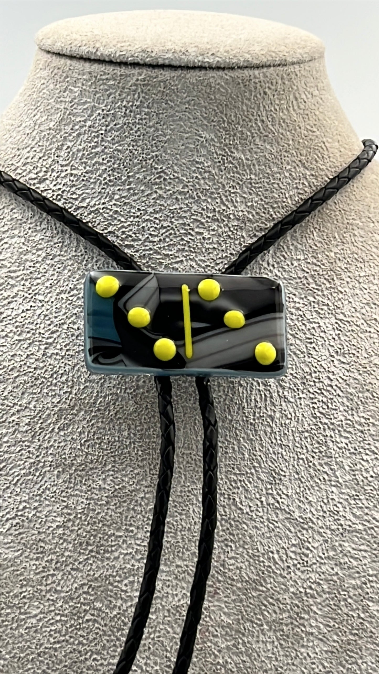 Cyan/Black/White Mix Fused Glass Domino Bolo Tie with Yellow Details