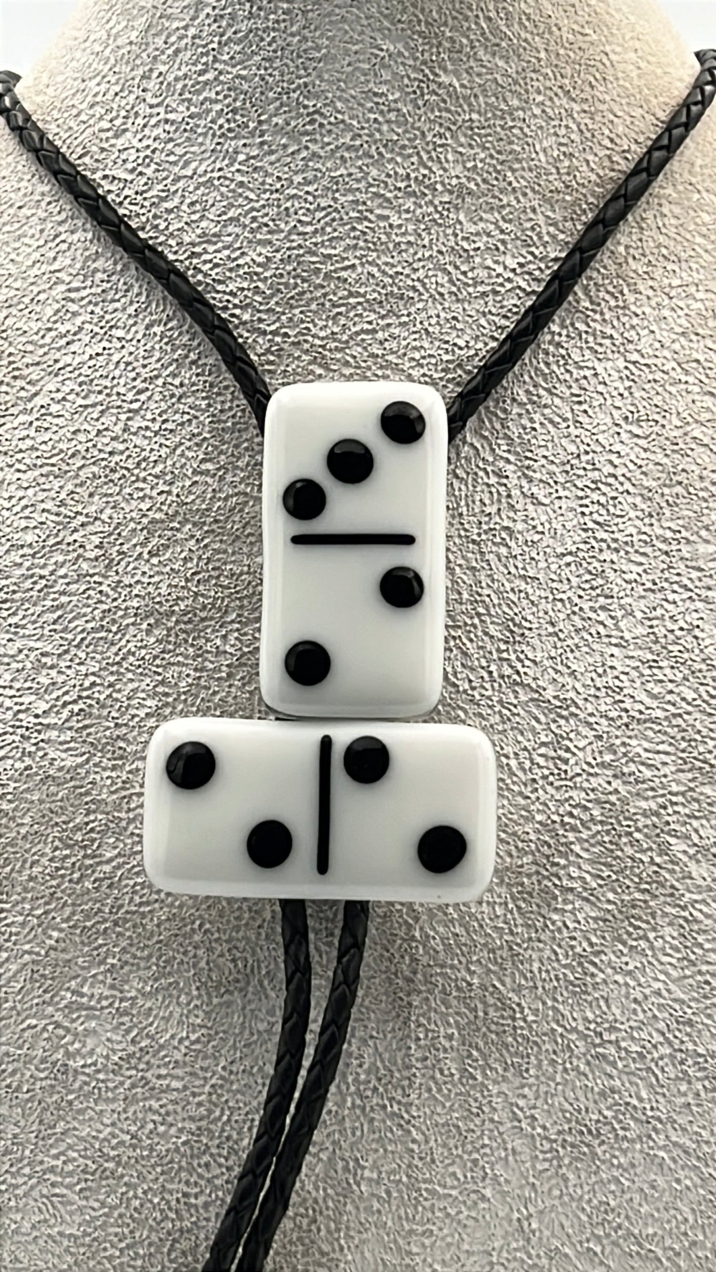 White Fused Glass Domino Bolo Tie with Black Details - 2 Piece