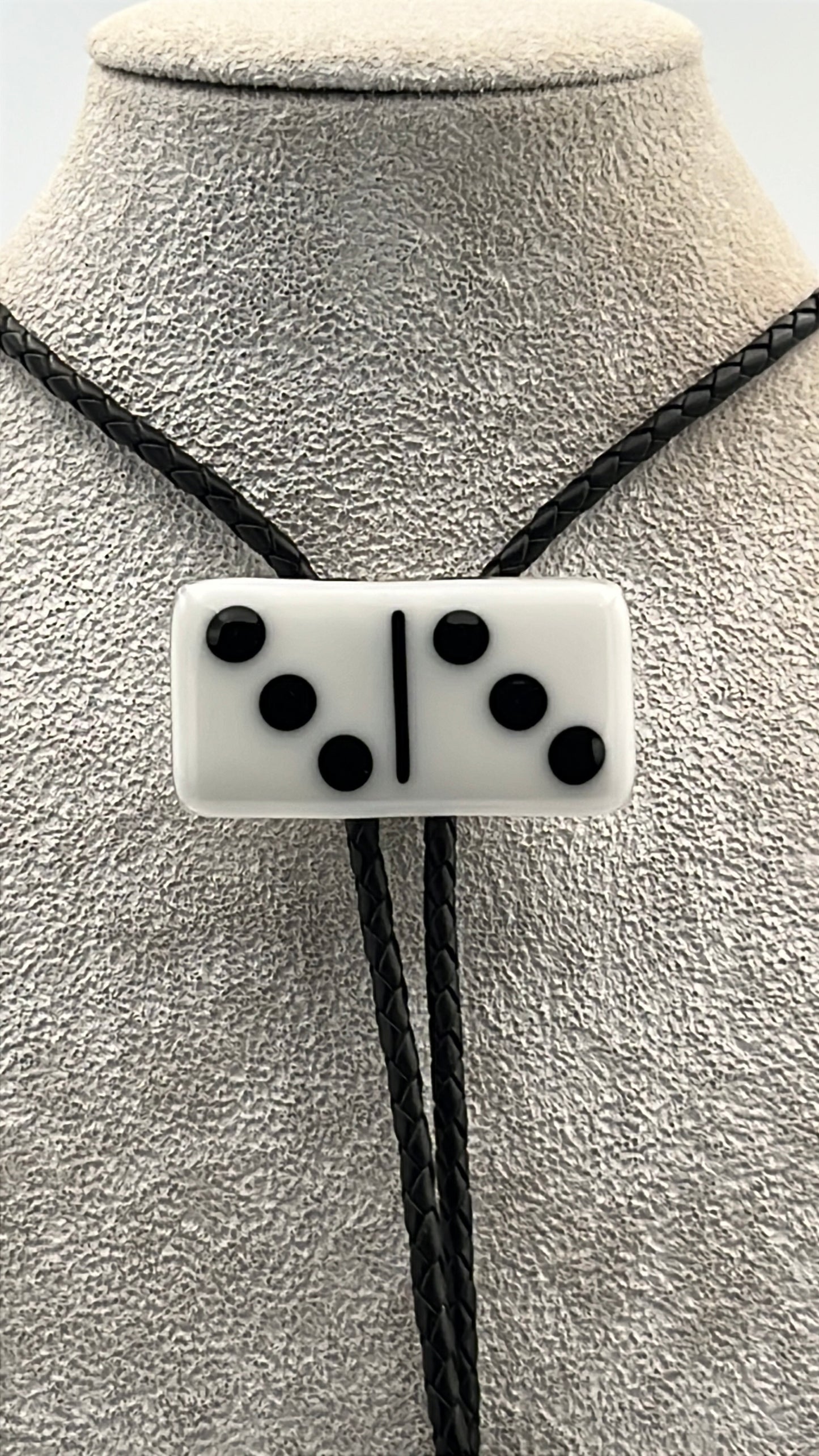 White Fused Glass Domino Bolo Tie with Black Details