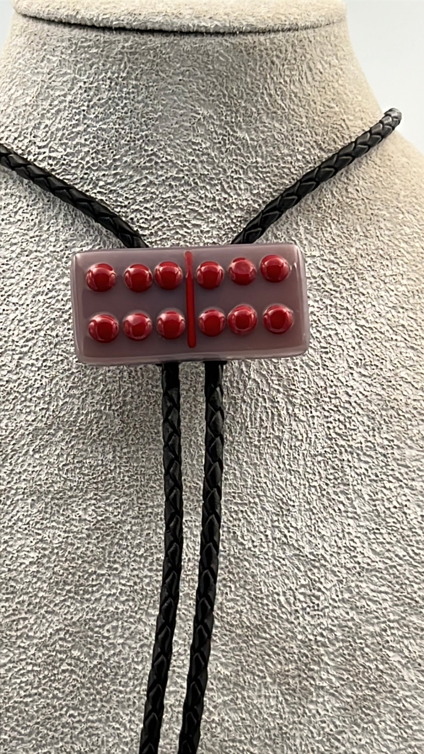 Dusty Lilac Fused Glass Domino Bolo Tie with Red Details