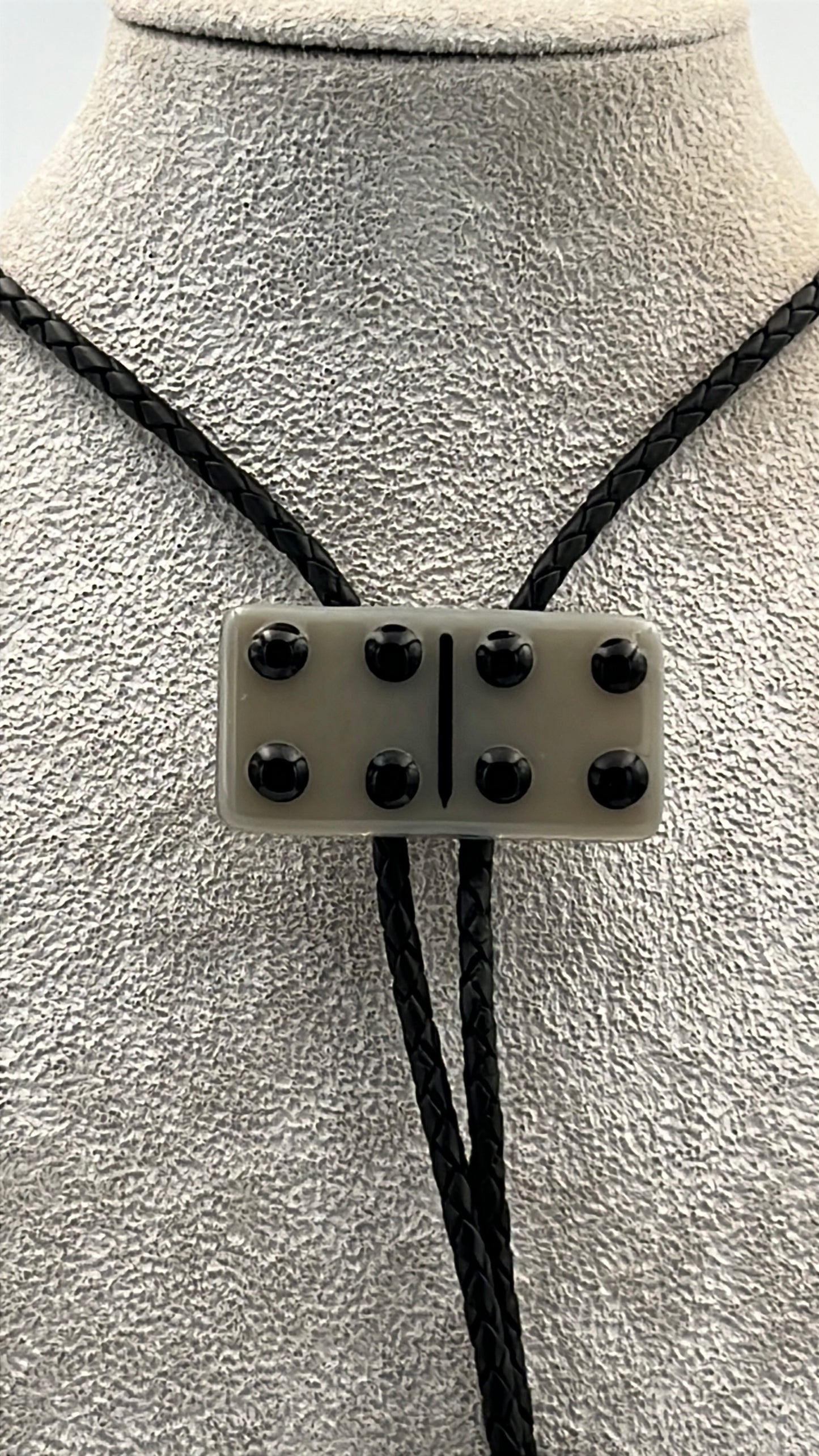 Gray Fused Glass Domino Bolo Tie with Black Details