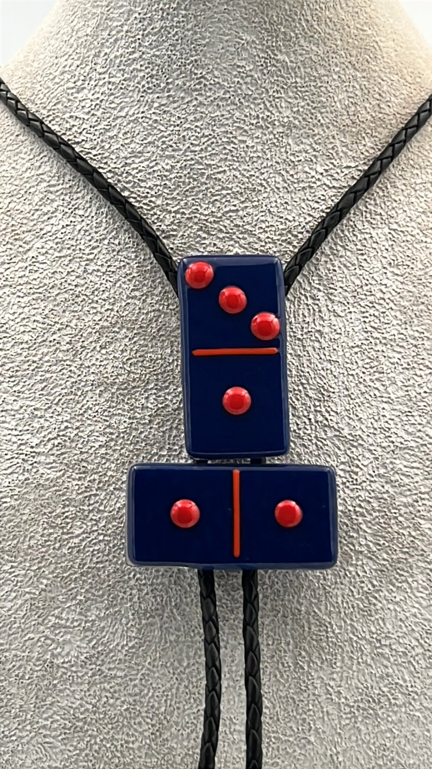 Indigo Blue Fused Glass Domino Bolo Tie with Red Details - 2 Piece