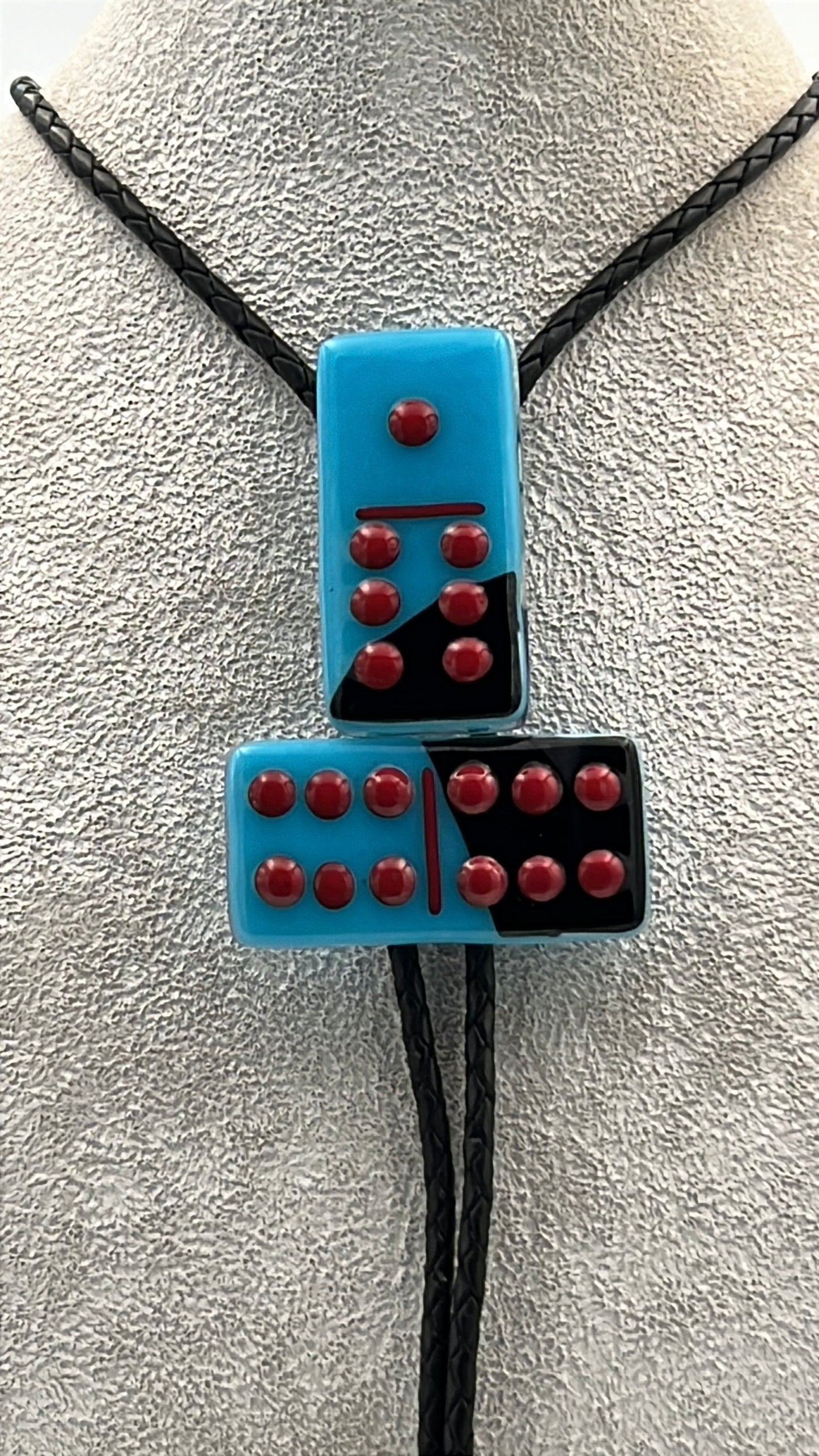 Light Cyan/Black Mix Fused Glass Domino Bolo Tie with Red Details - 2 Piece