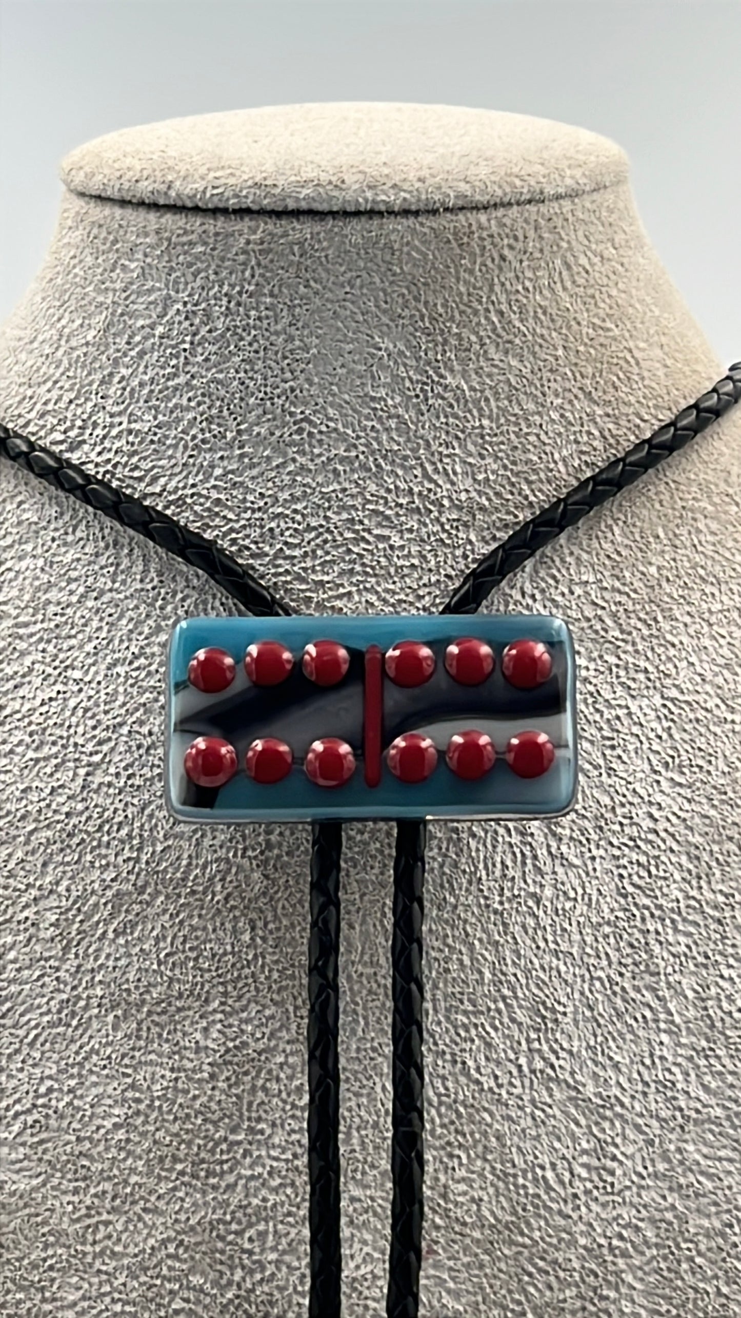 Light Cyan/Black/White Mix Fused Glass Domino Bolo Tie with Red Details