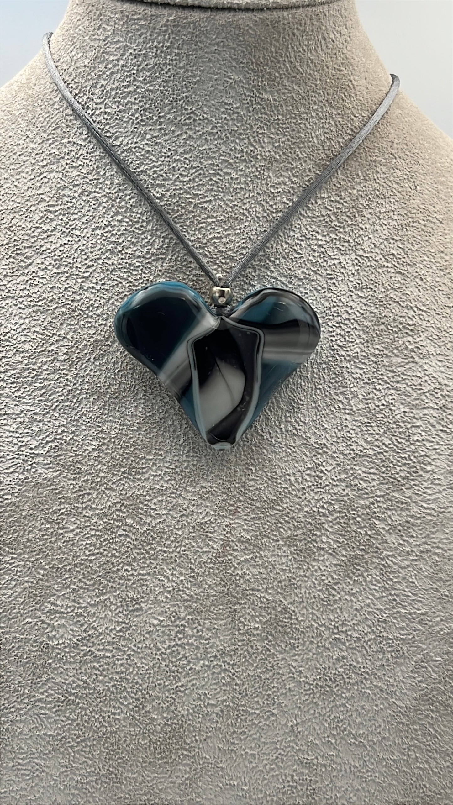Light Cyan/Black/White Mix Fused Glass Heart Pendant