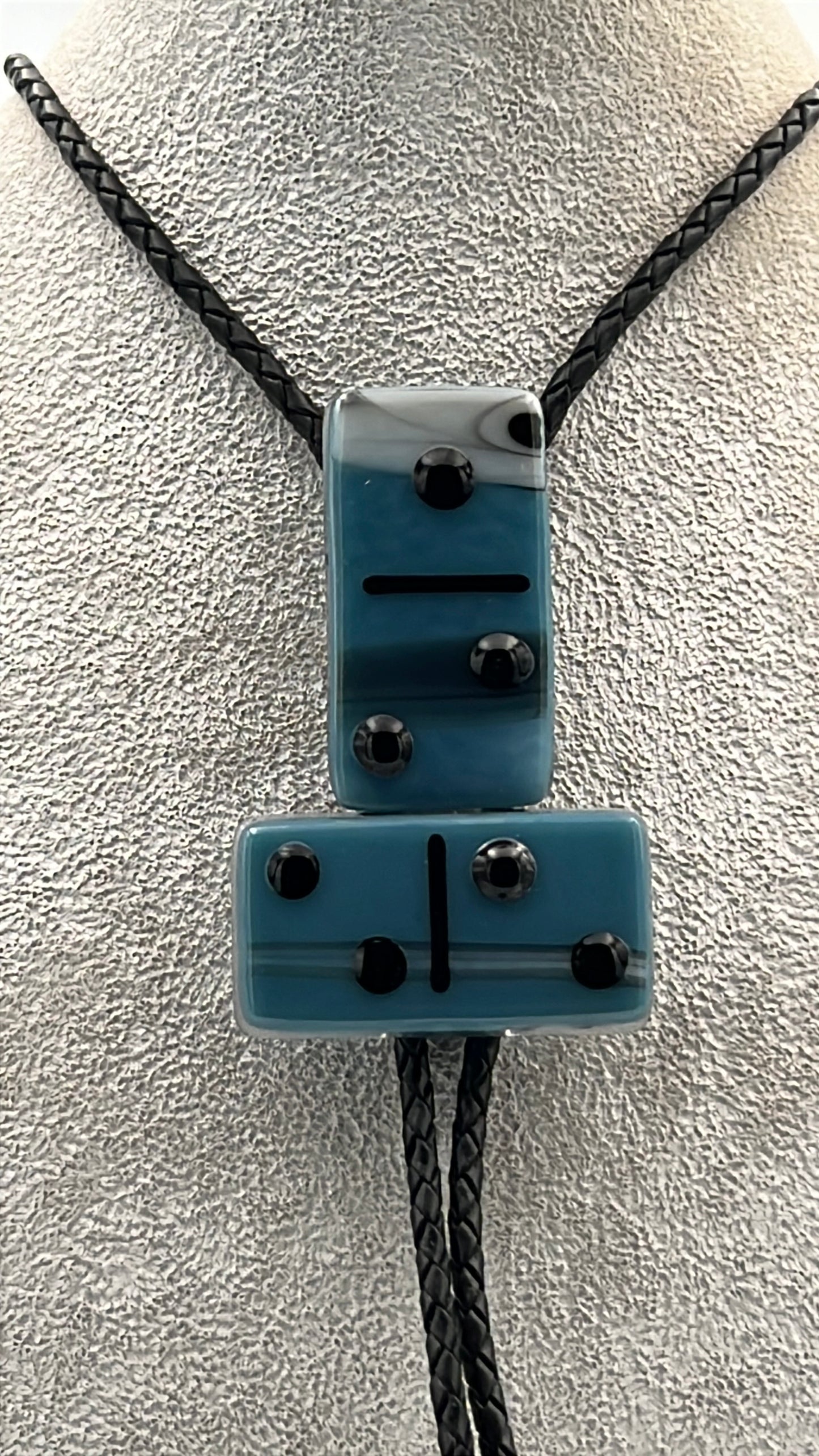 Light Cyan/Black Mix Fused Glass Domino Bolo Tie with Black Details - 2 Piece