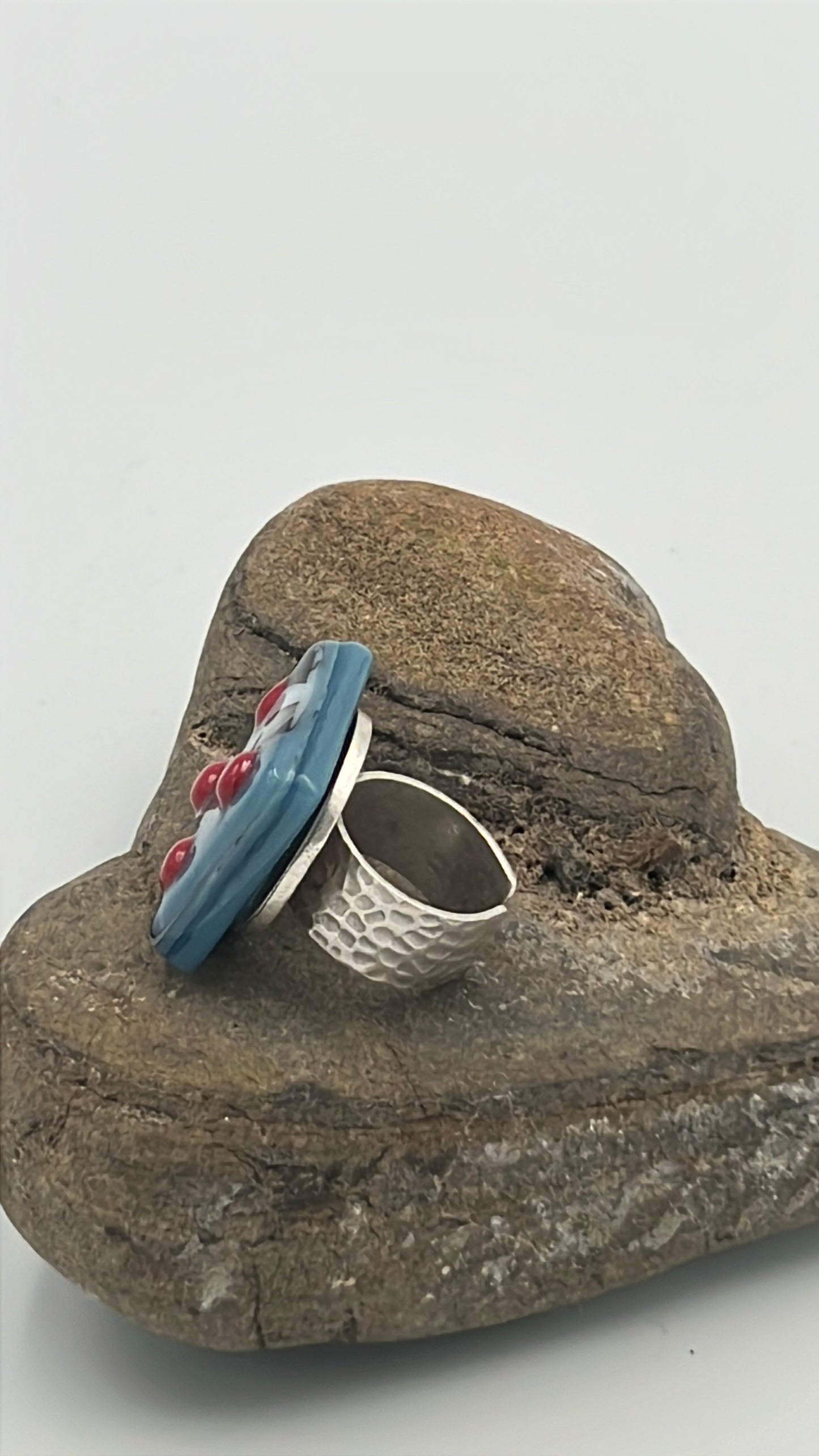 Light Cyan/Black Mix Fused Glass Adjustable Number Ring with Red Details