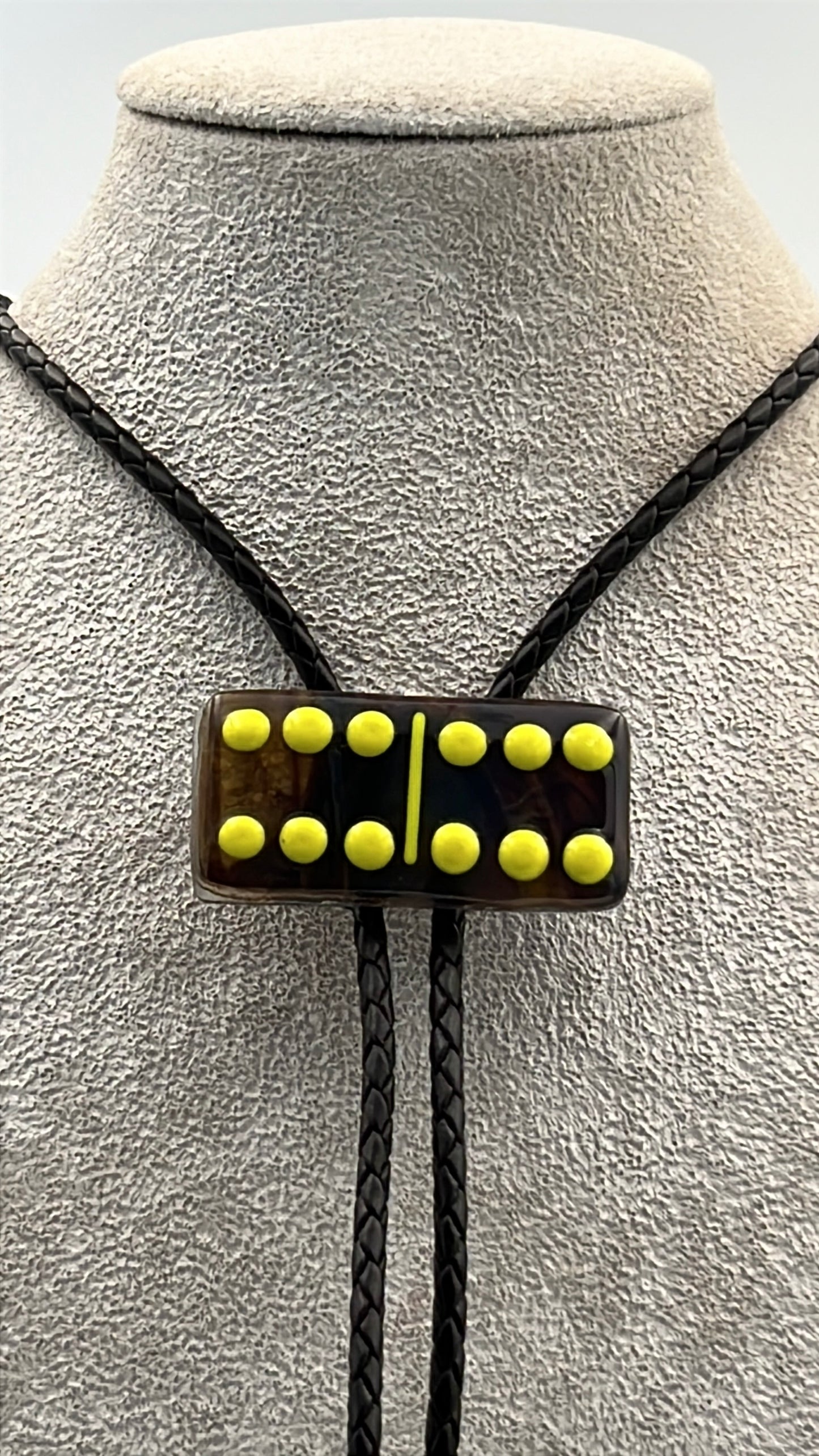 Brown Fused Glass Domino Bolo Tie with Yellow Details