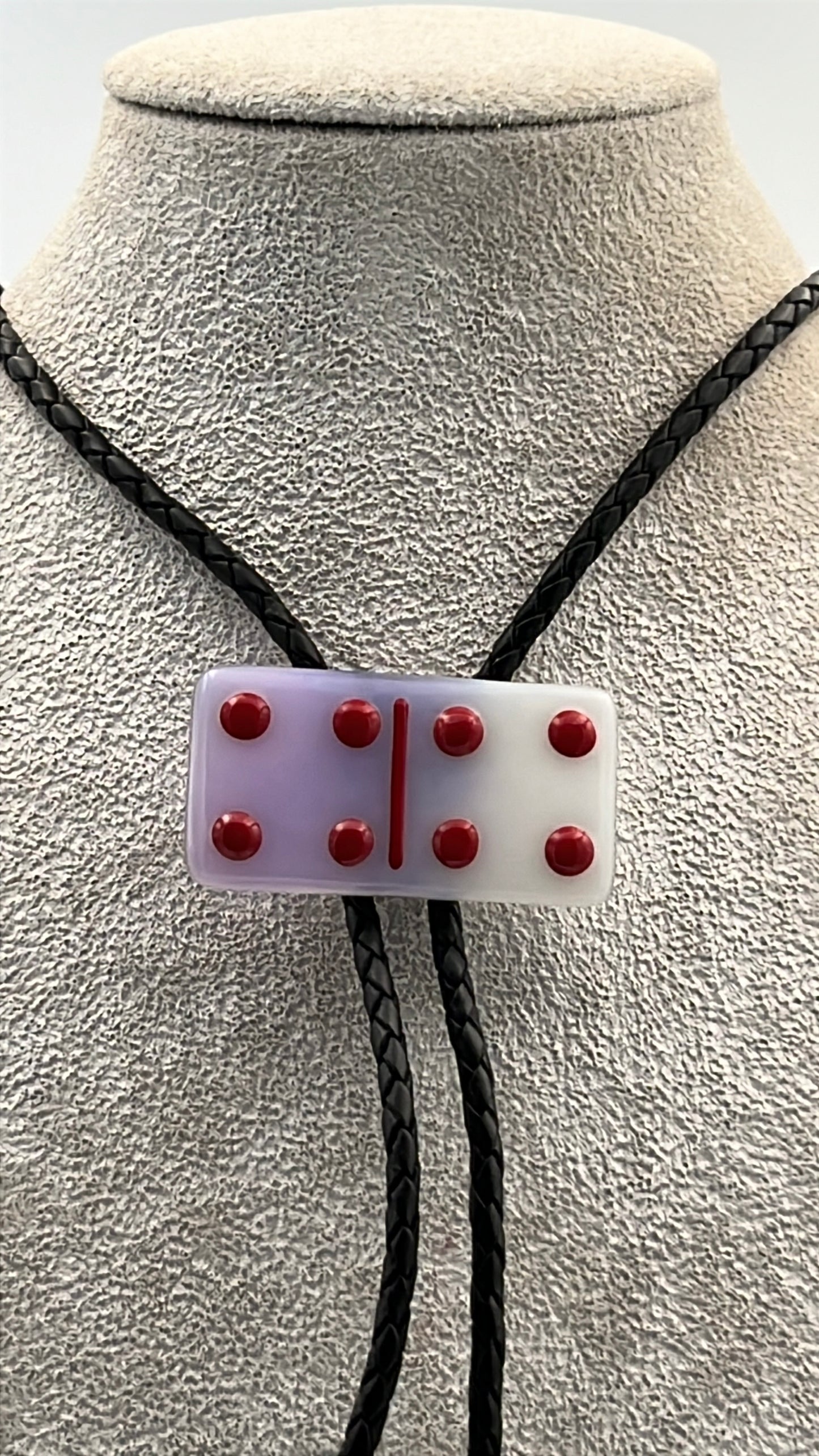 Pink Lavender Fused Glass Domino Bolo Tie with Red Details