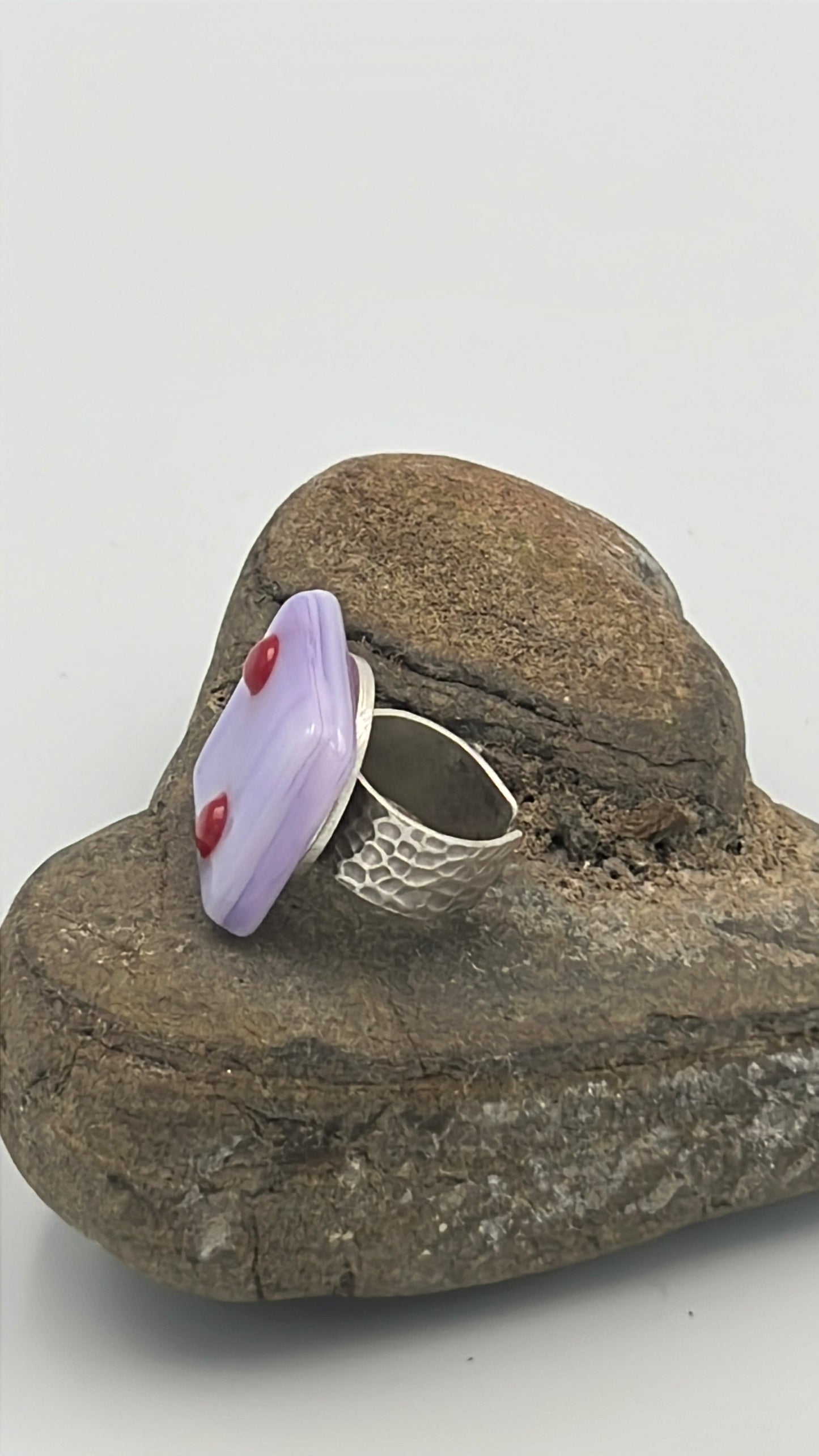 Pink/Lavender Mix Fused Glass Adjustable Number Ring with Red Details