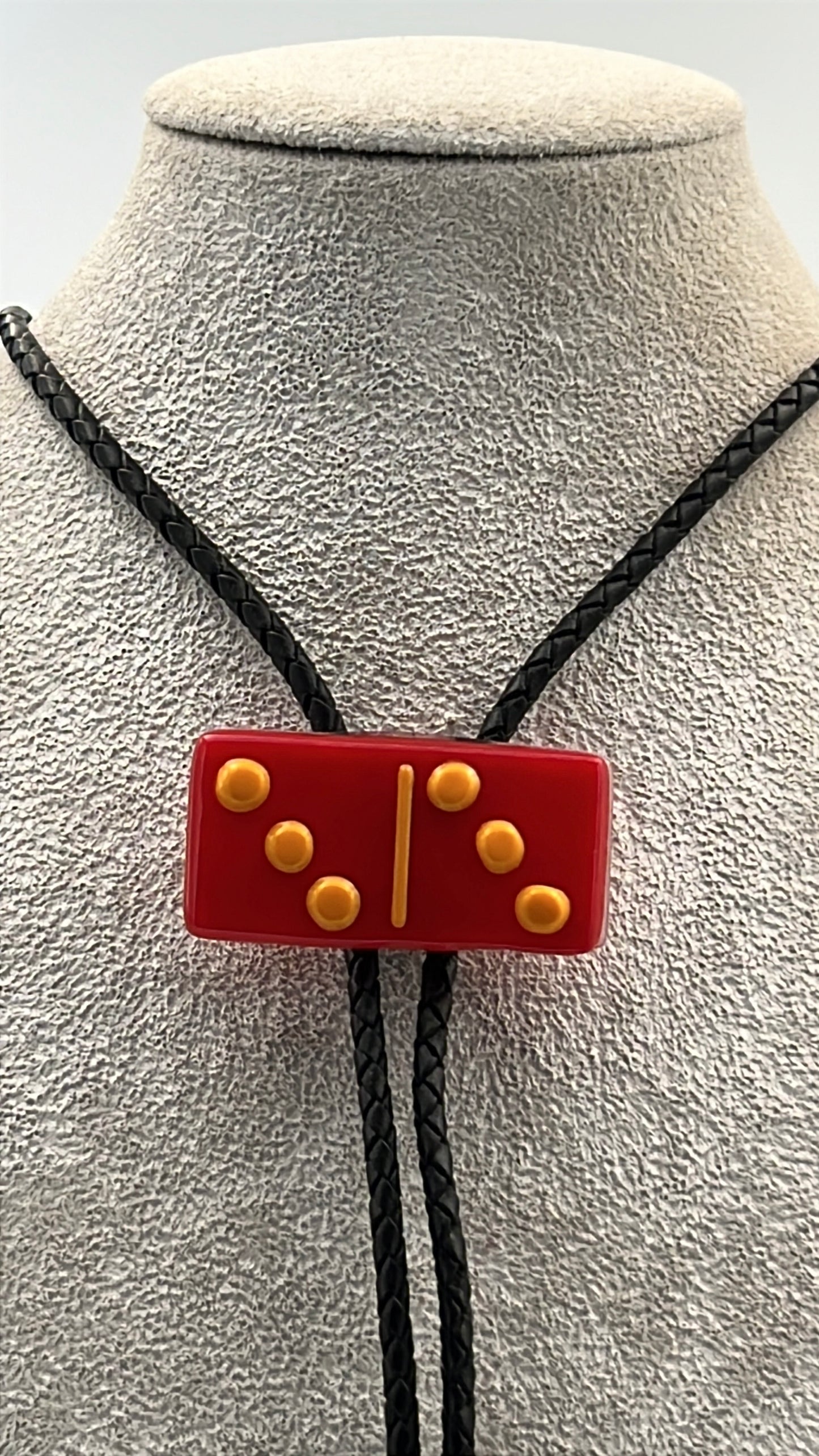 Red Fused Glass Domino Bolo Tie with Pumpkin Orange Details