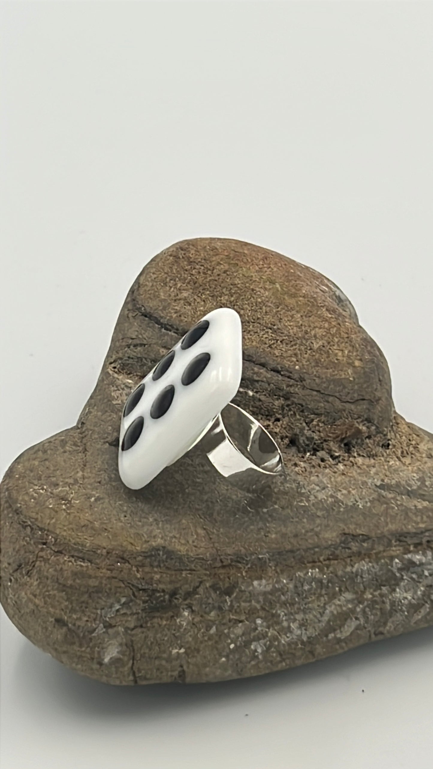 White Glass Fused Adjustable Number Ring with Black Details