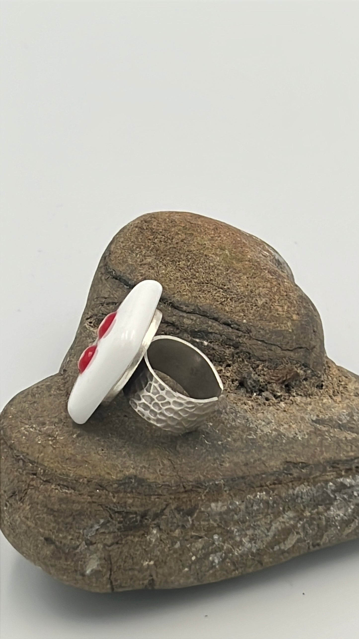 White Fused Glass Adjustable Number Ring with Red Hearts Details