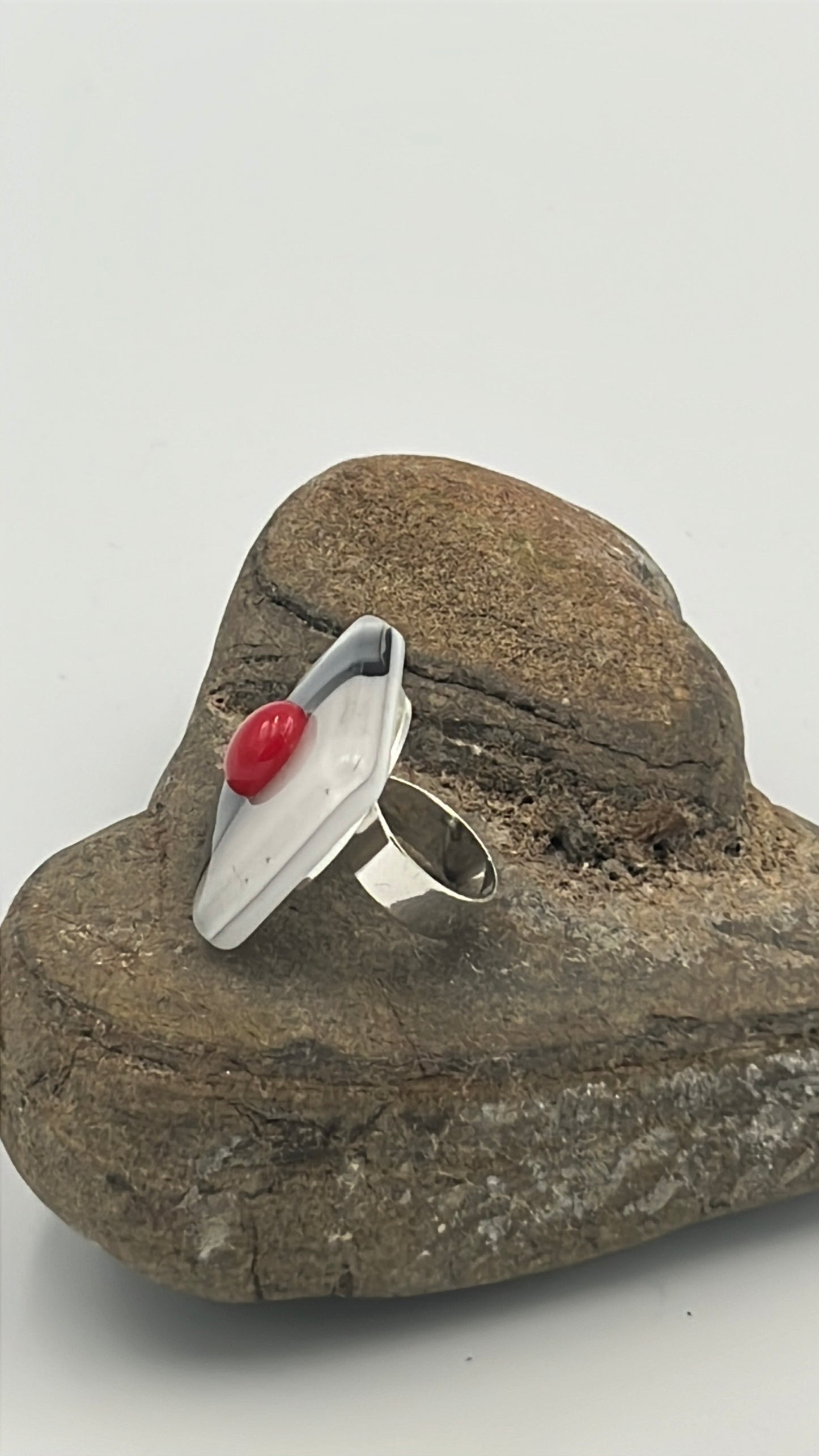 Black/White Mix Fused Glass Adjustable Number Ring with Red Details