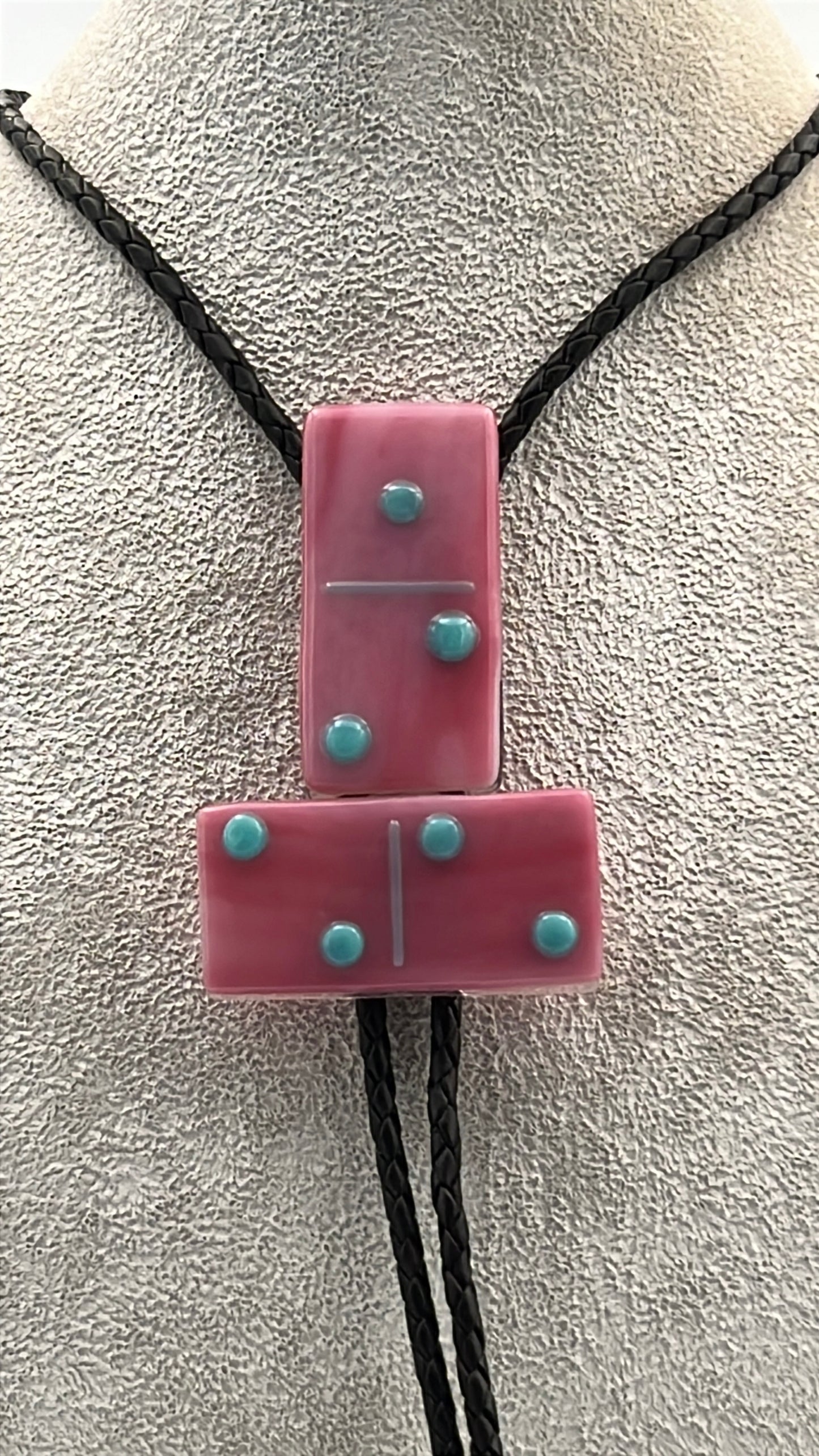 Pink/White Mix Fused Glass Domino Bolo Tie with Turquoise Details - 2 Piece