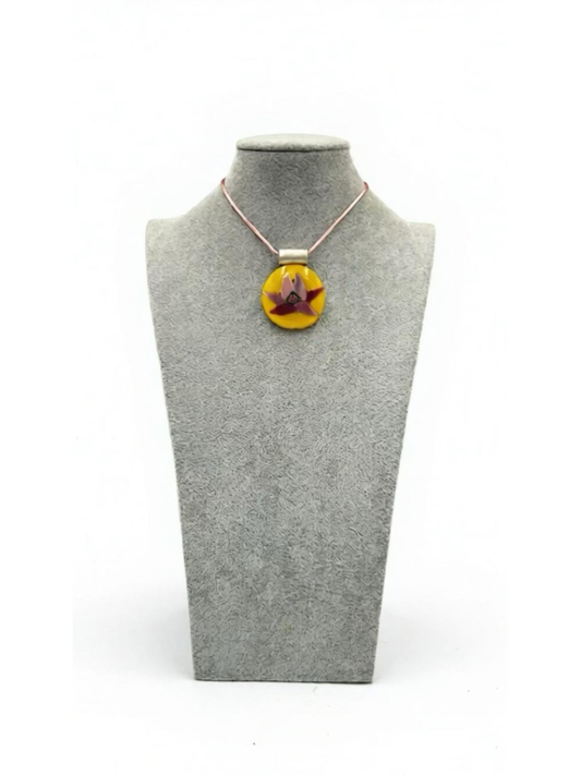 Marigold Yellow Fused Glass Disc pendant with Pink details-2”
