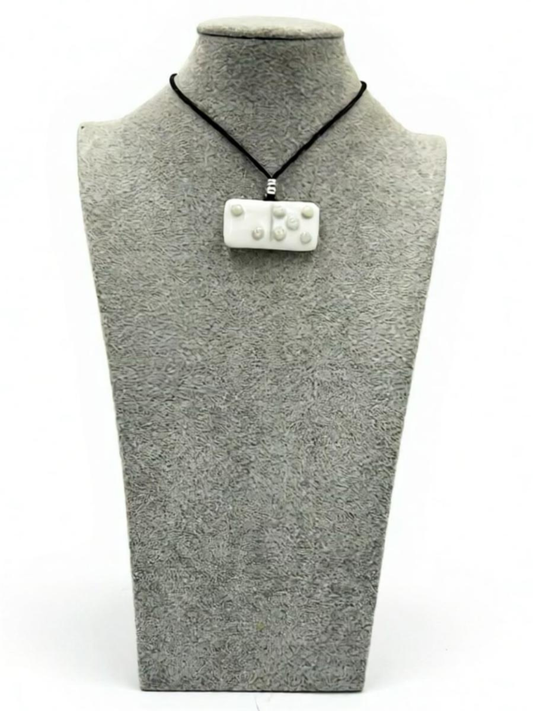 White Fused Glass Domino Pendant with French Vanilla Details - 2” x 1”