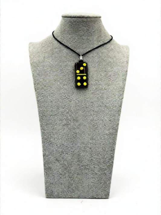 Petrified Wood Fused Glass Domino Pendant with Yellow Details - 2” x 1”