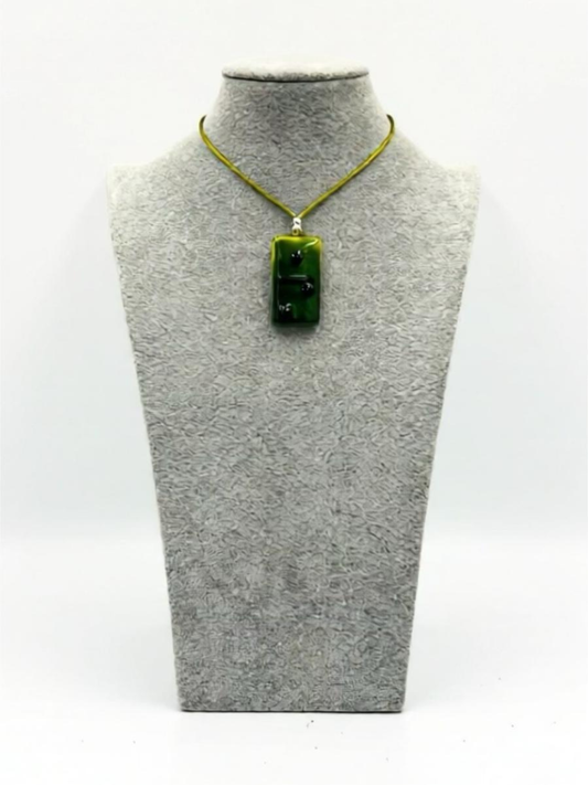 Yellow-Aventurine Green Mix Fused Glass Domino Pendant with Black Details - 2” x 1”