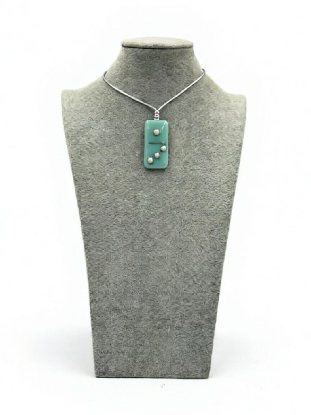 Robin’s Egg Blue Fused Glass Domino Pendant with French Vanilla Details - 2” x 1”