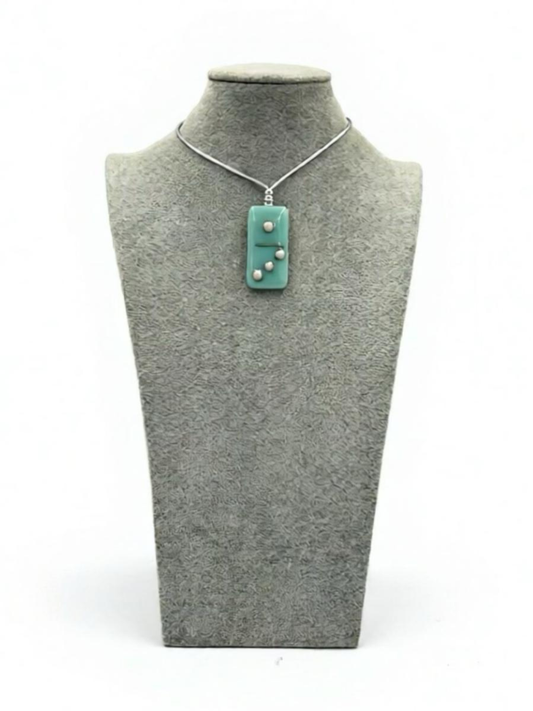 Robin’s Egg Blue Fused Glass Domino Pendant with French Vanilla Details - 2” x 1”