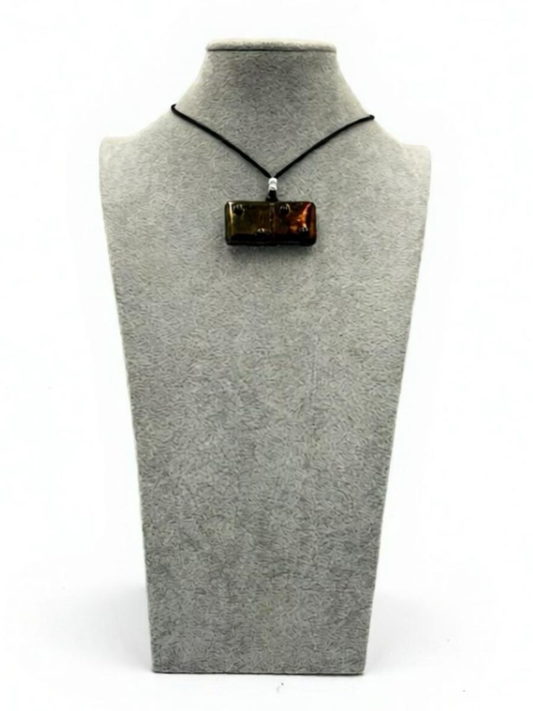 Black/Gold Iridescent Fused Glass Domino Pendant with Black Details - 2” x 1”
