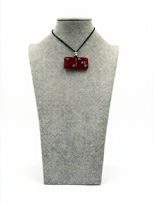 Red Fused Glass Domino Pendant with Turquoise Blue Details - 2” x 1”