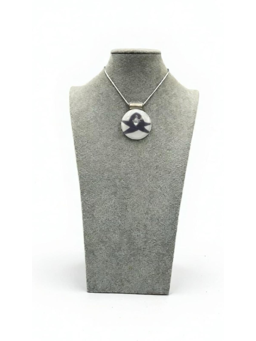 White Fused Glass Disc Pendant with Purple details-2”