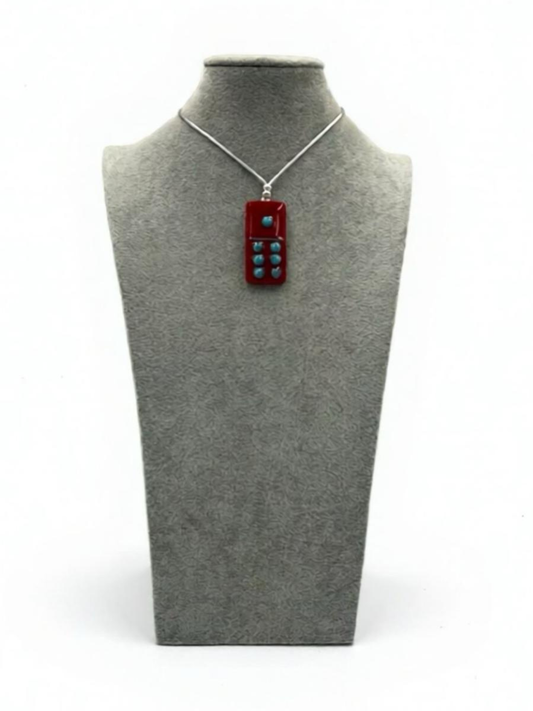 Red Fused Glass Domino Pendant with Turquoise Details (3-3) - 2” x 1”